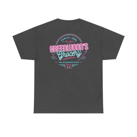 Greenwood's Grocery Neon tee in Dark Heather, back view
