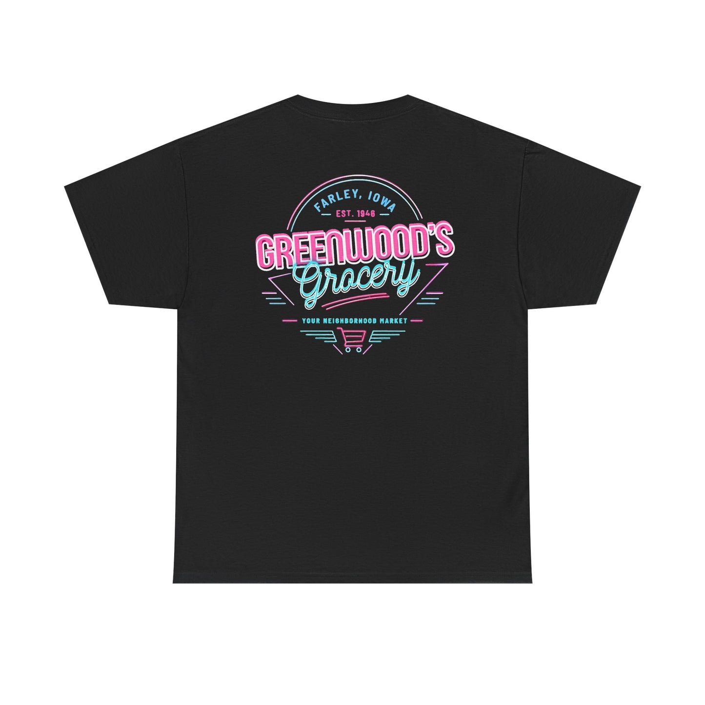 Greenwood's Grocery Neon tee in Black, back view