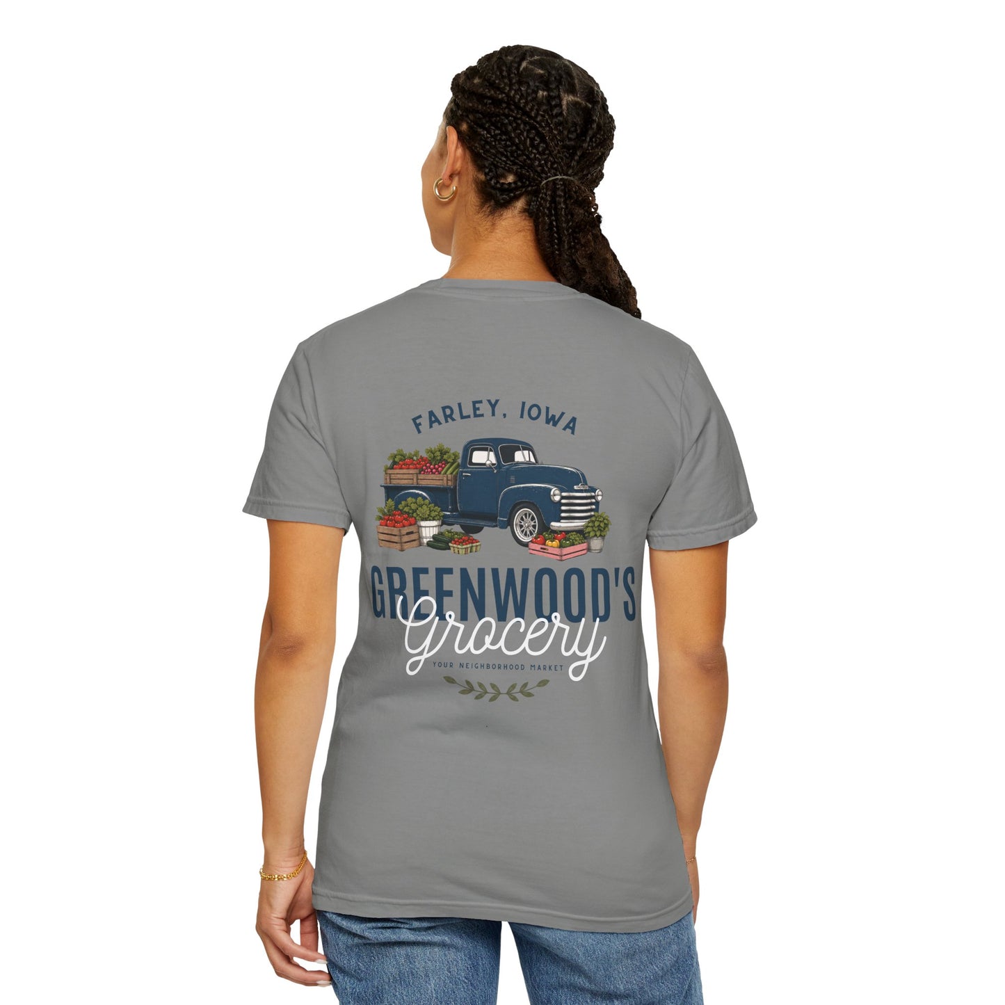 Greenwood's Grocery Truck Comfort Colors tee in Granite, worn, back view