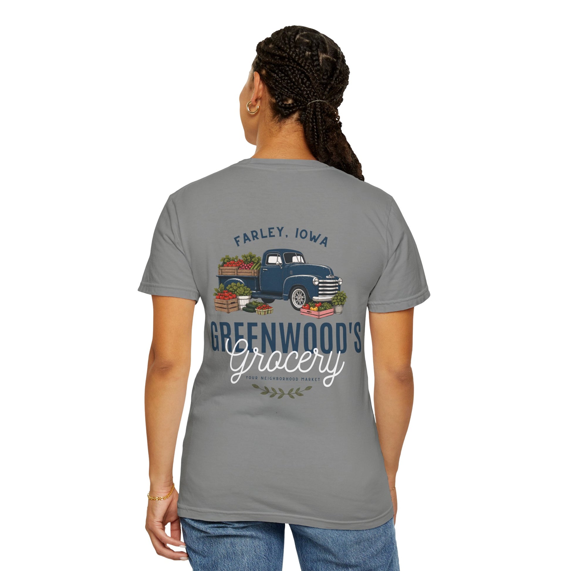 Greenwood's Grocery Truck Comfort Colors tee in Granite, worn, back view