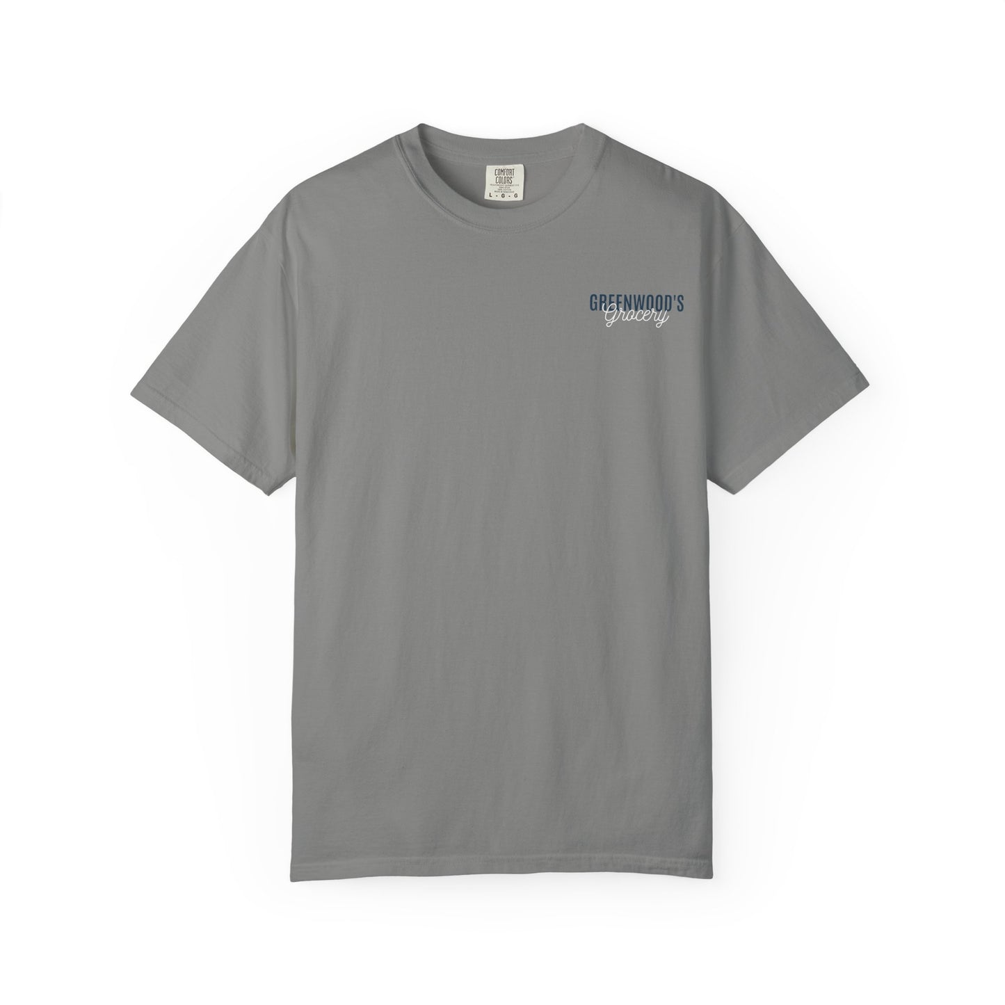 Greenwood's Grocery Truck Comfort Colors tee in Granite, front view