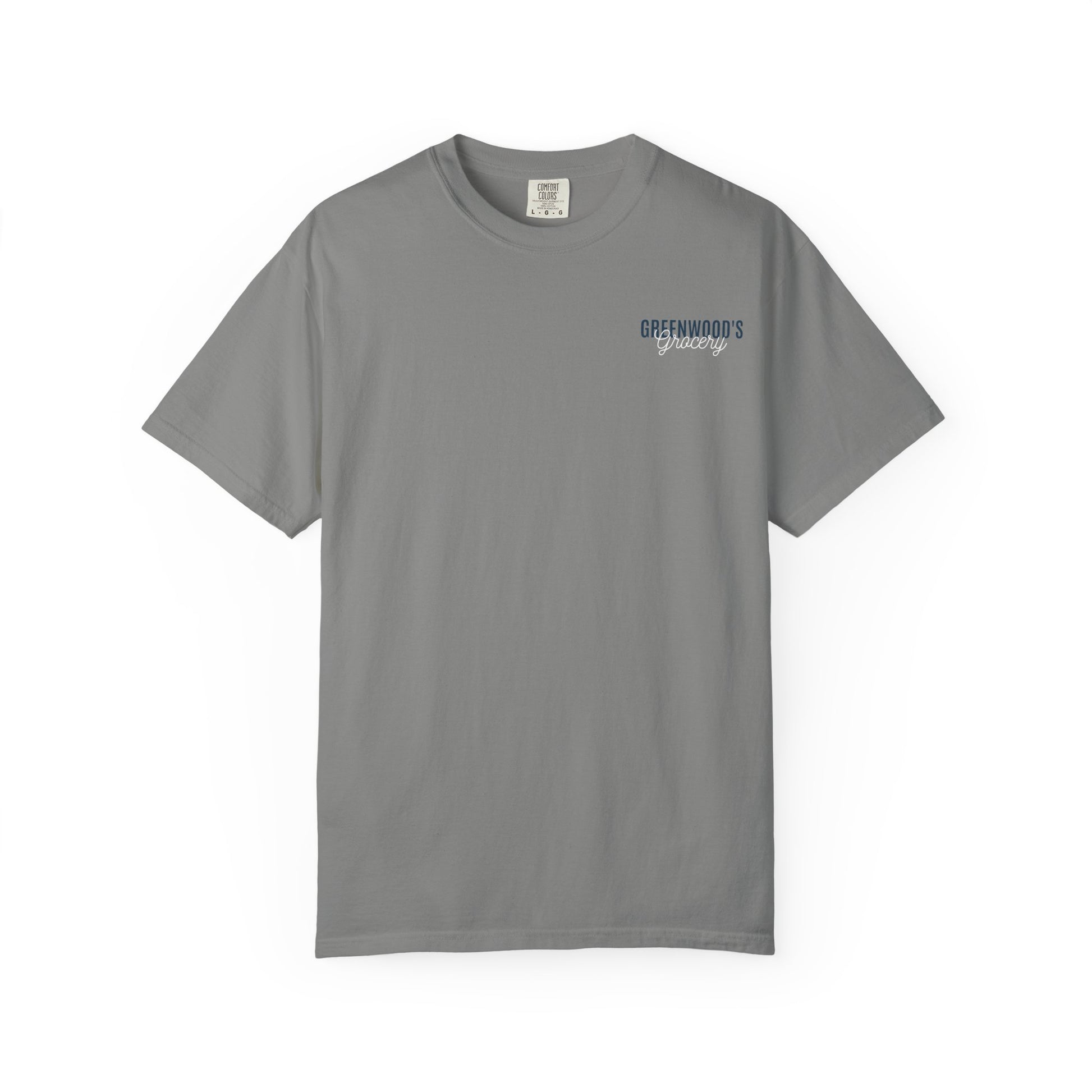 Greenwood's Grocery Truck Comfort Colors tee in Granite, front view