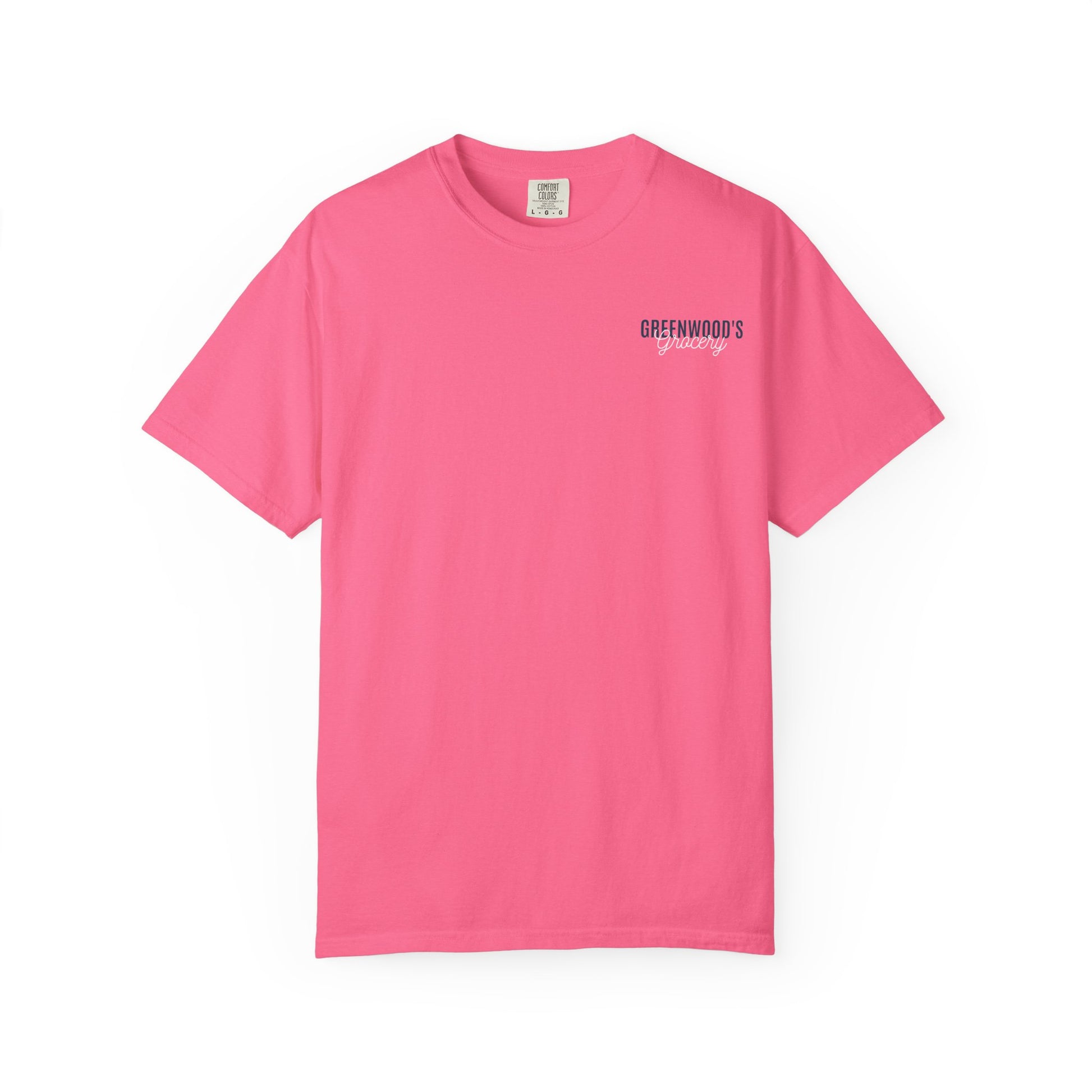 Greenwood's Grocery Truck Comfort Colors tee in Crunchberry, front view