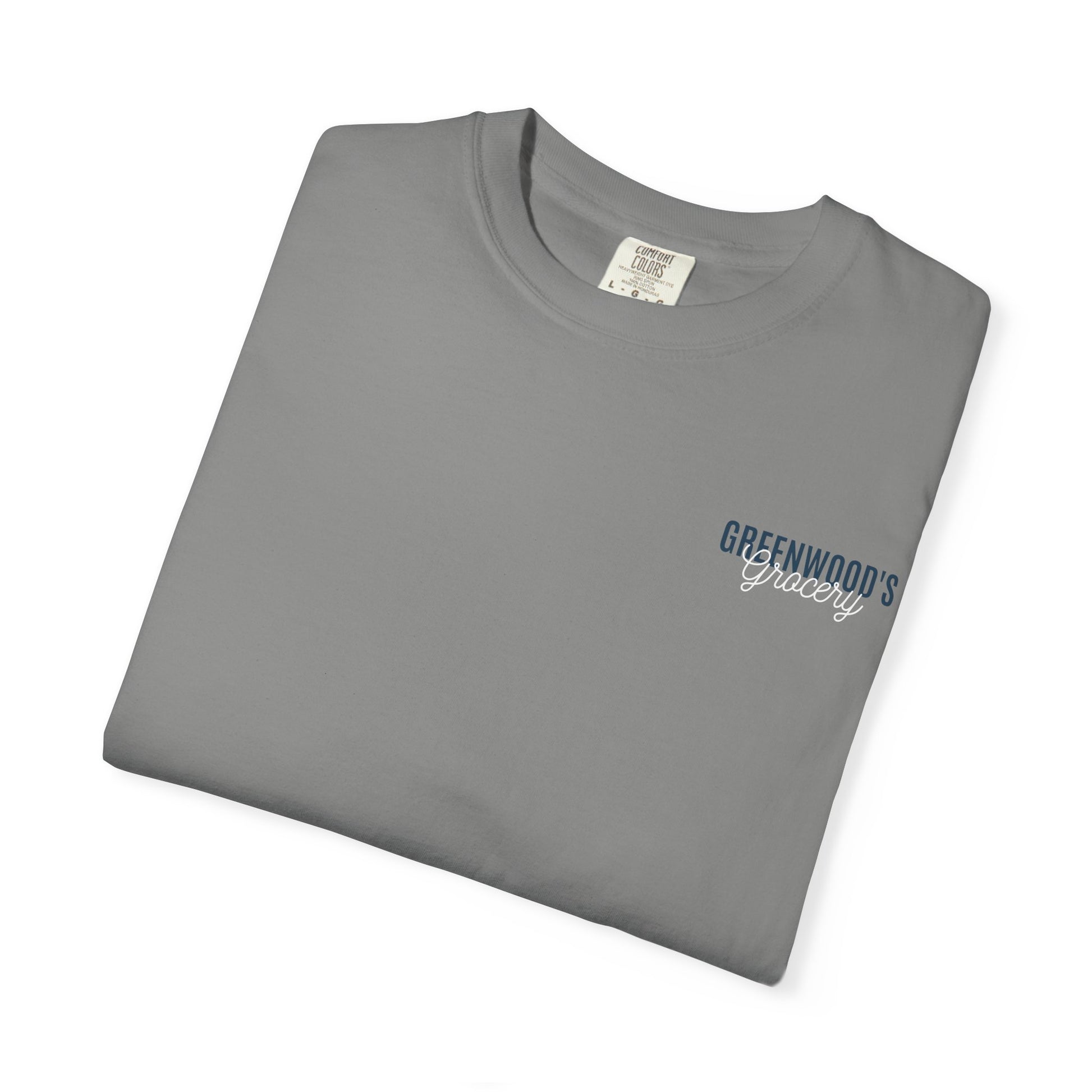 Greenwood's Grocery Truck Comfort Colors tee in Granite, folded