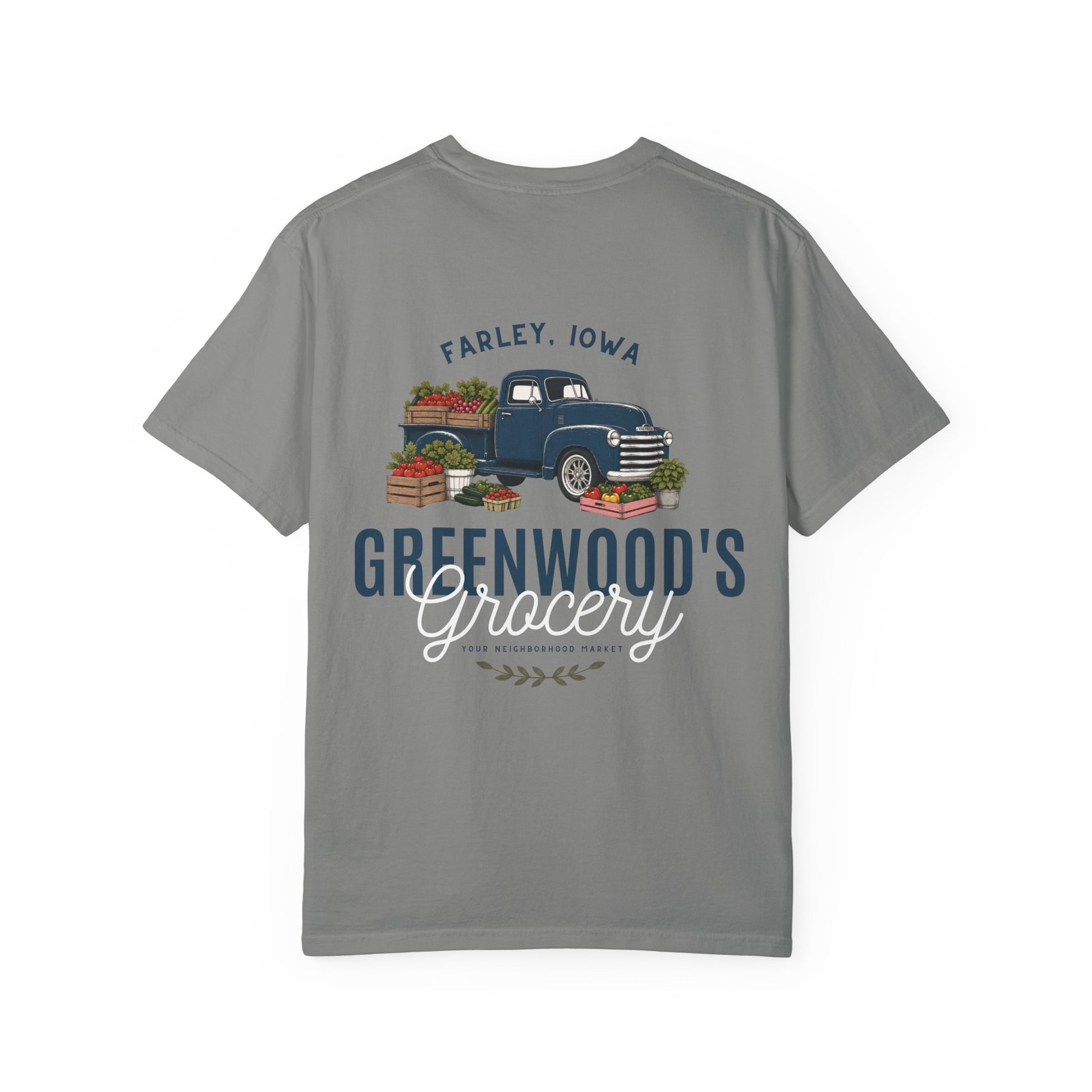 Greenwood's Grocery Truck Comfort Colors tee in Granite, back view