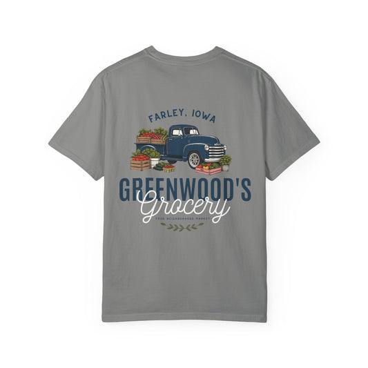 Greenwood's Grocery Truck Comfort Colors tee in Granite, back view