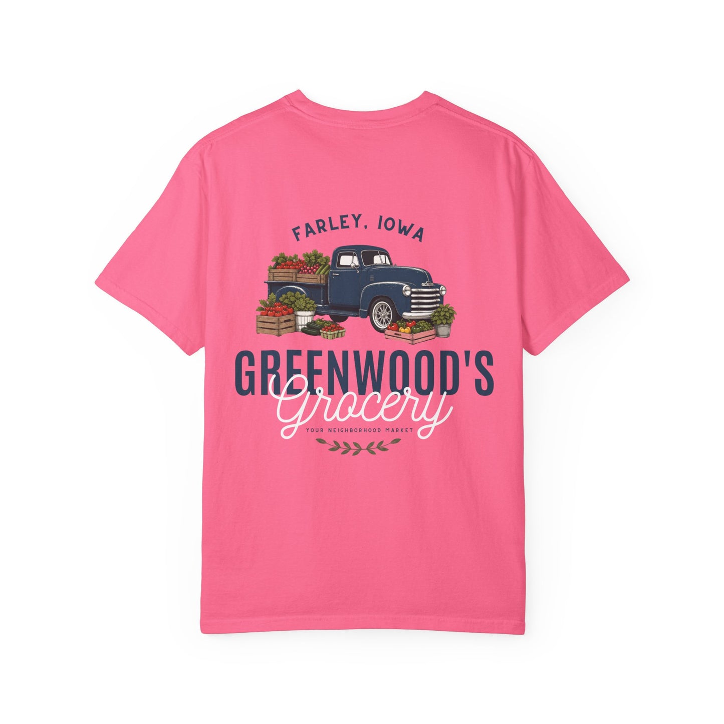 Greenwood's Grocery Truck Comfort Colors tee in Crunchberry, back view