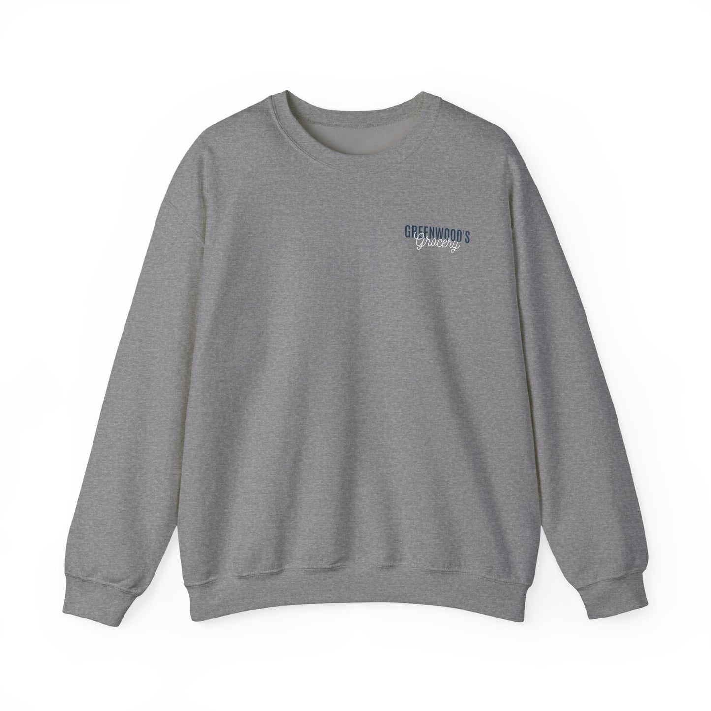 Greenwood's Grocery Truck crewneck in Graphite Heather, front view