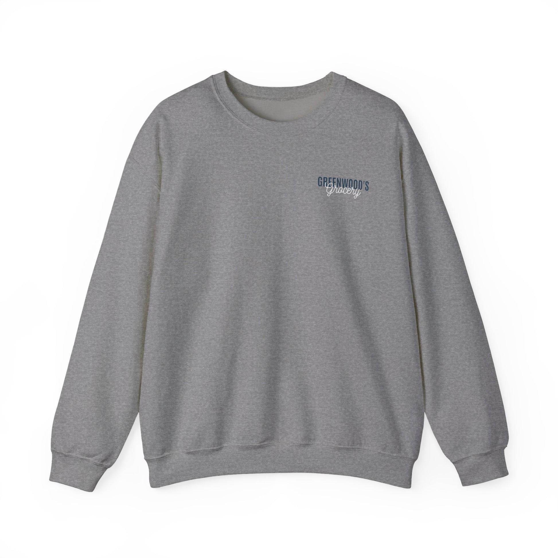Greenwood's Grocery Truck crewneck in Graphite Heather, front view