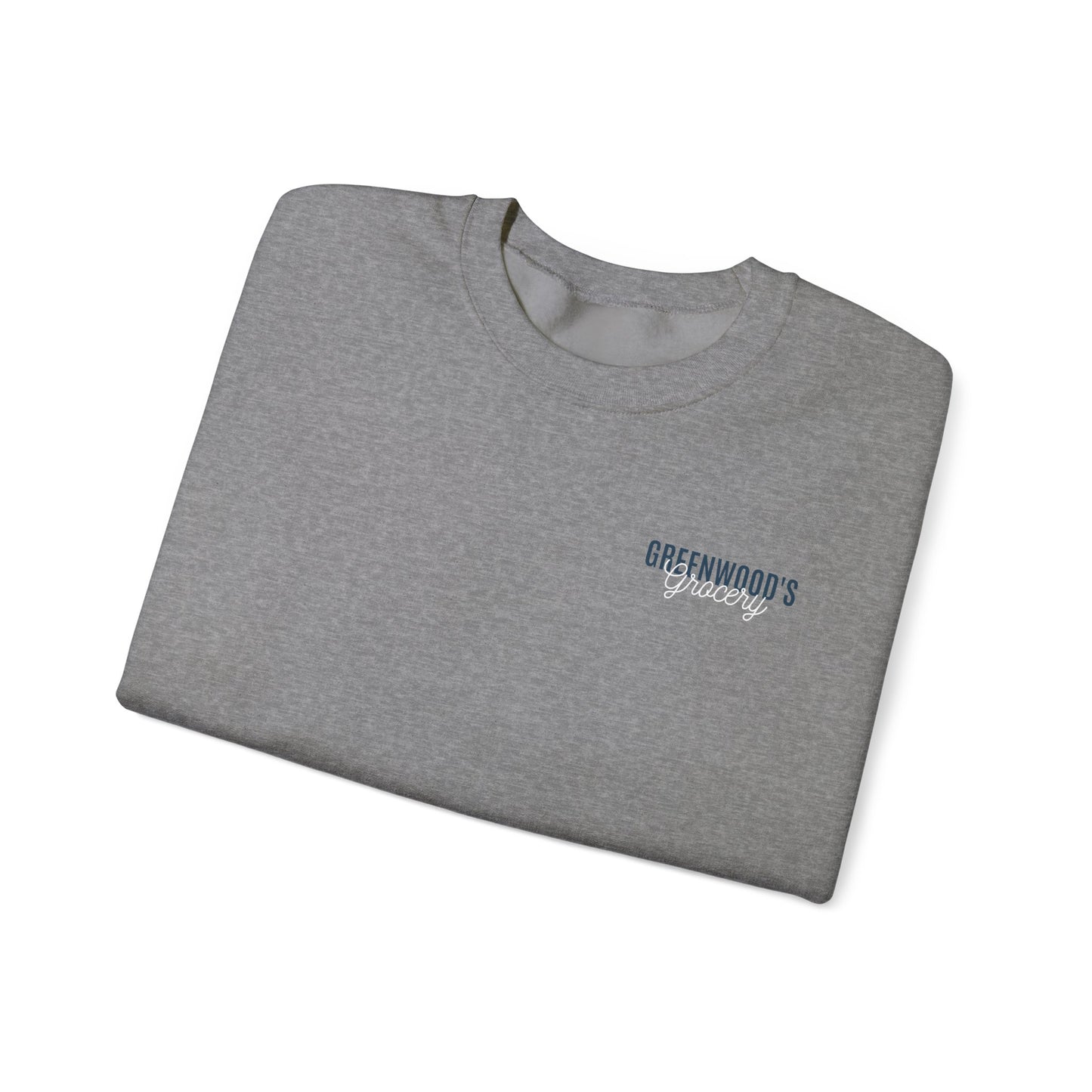 Greenwood's Grocery Truck crewneck in Graphite Heather, folded