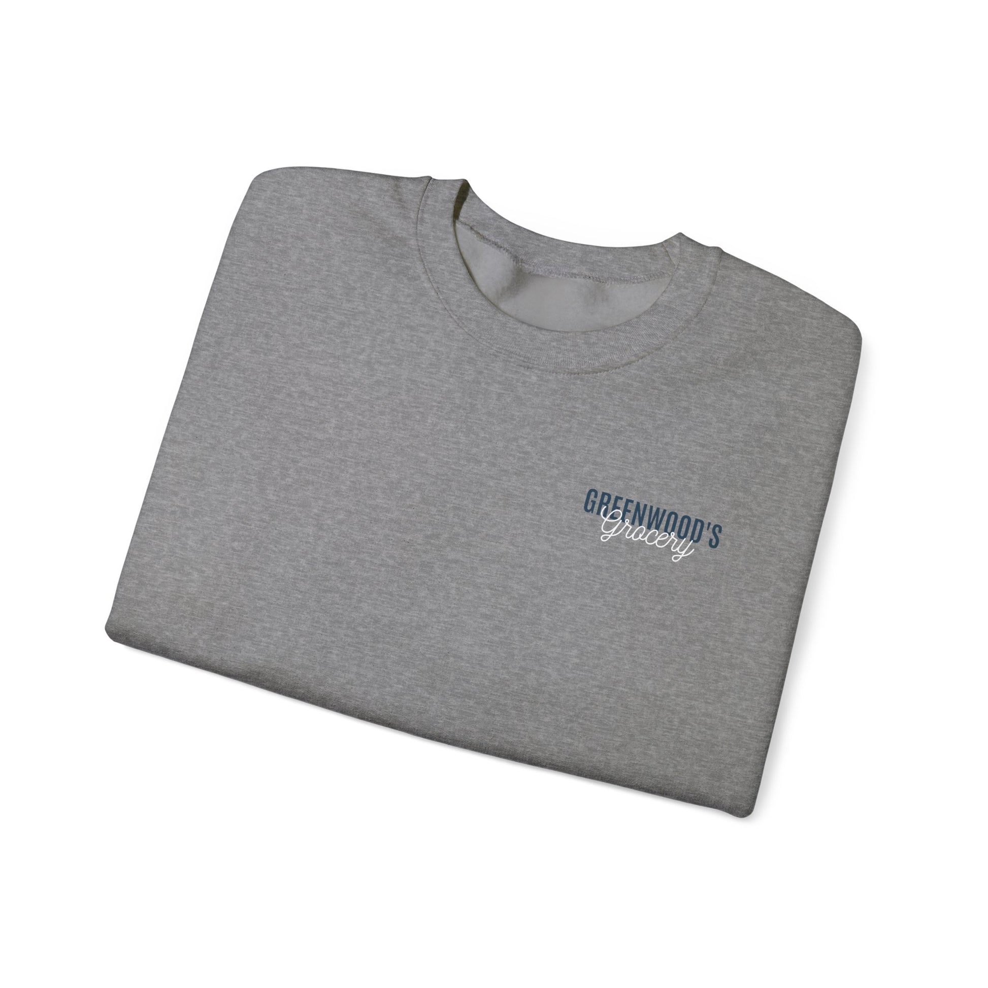 Greenwood's Grocery Truck crewneck in Graphite Heather, folded