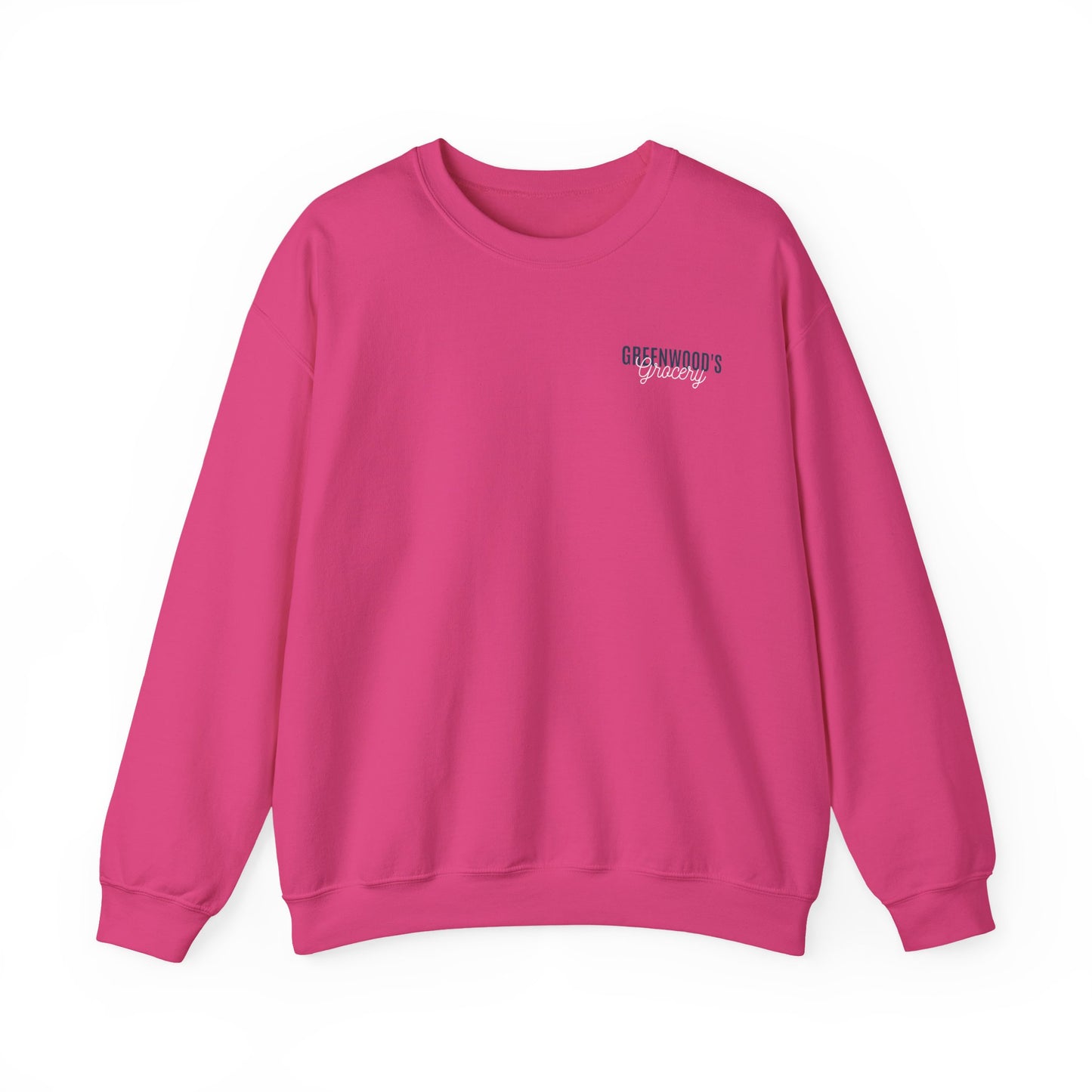 Greenwood's Grocery Truck crewneck in Heliconia, front view