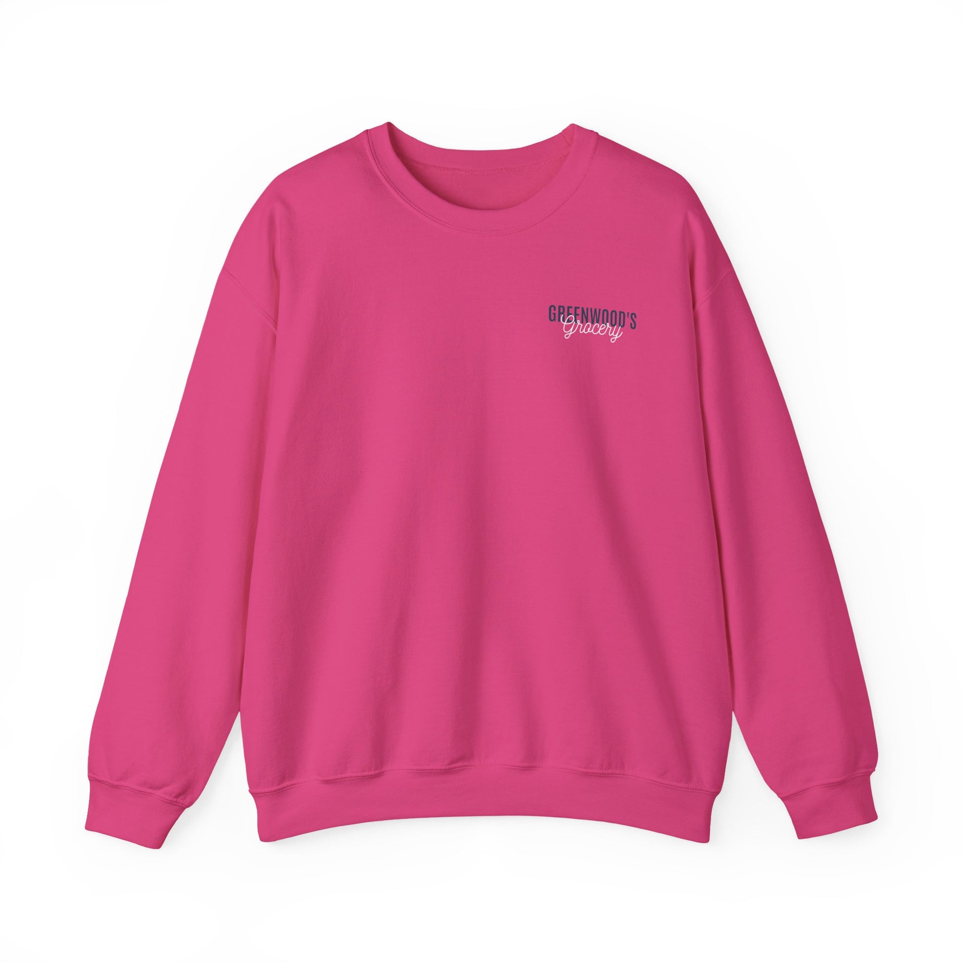 Greenwood's Grocery Truck crewneck in Heliconia, front view