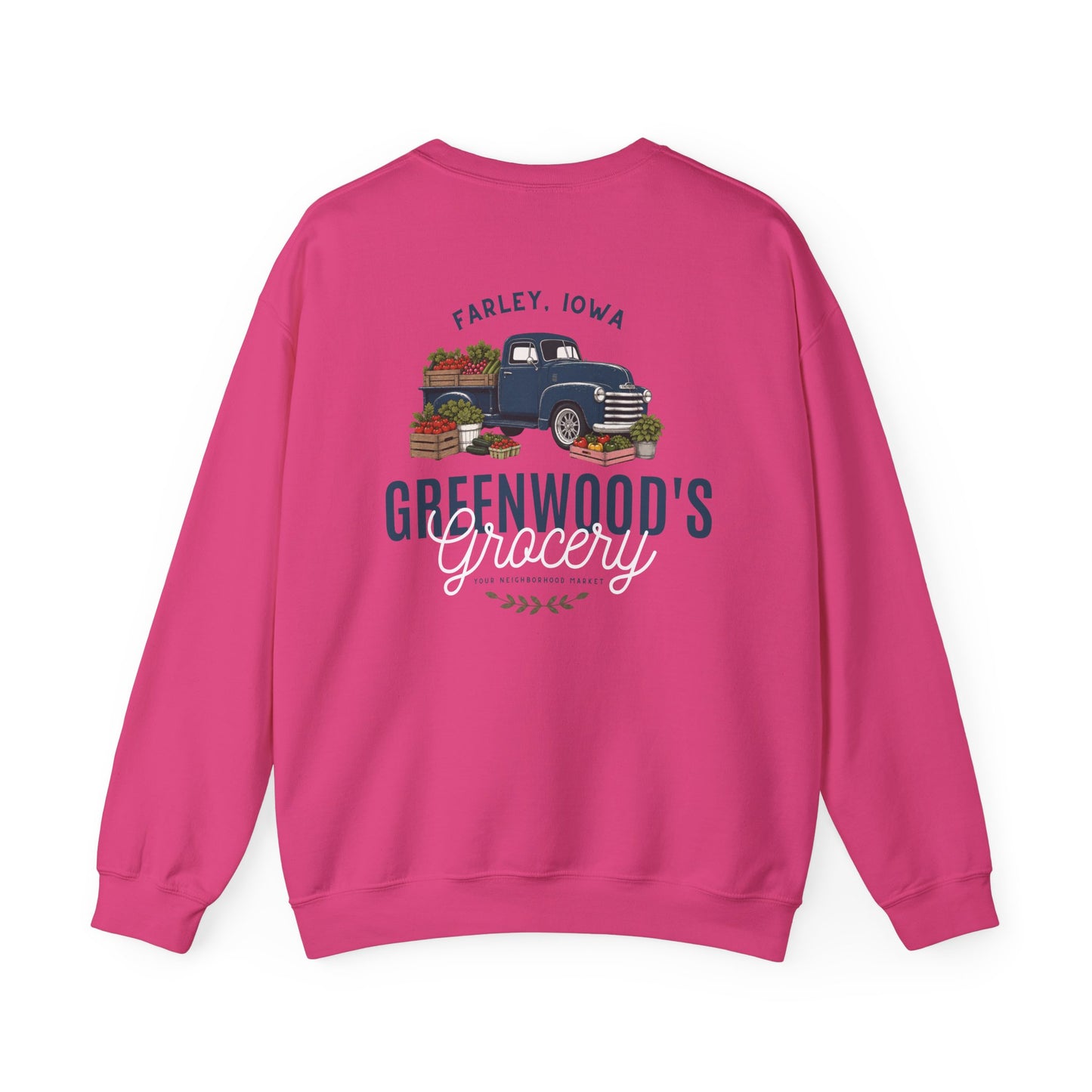 Greenwood's Grocery Truck crewneck in Heliconia, back view