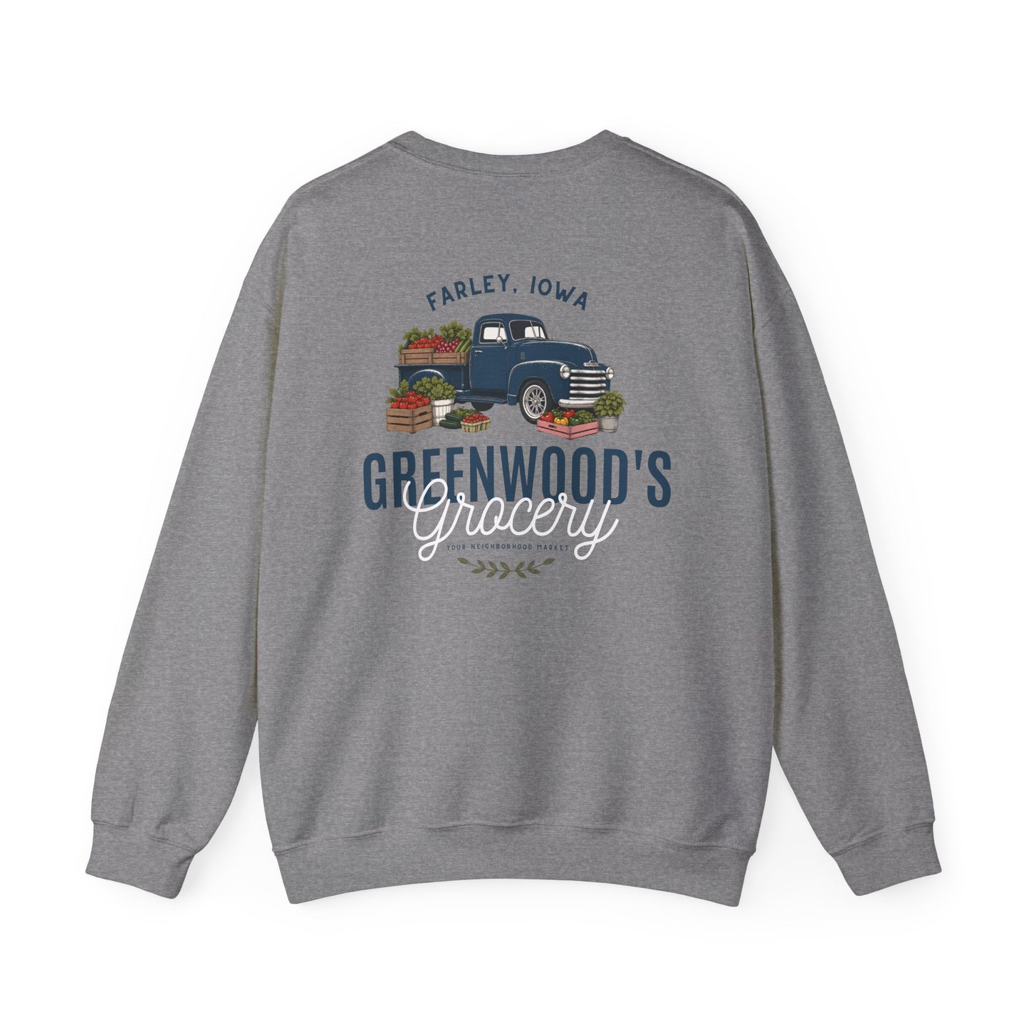 Greenwood's Grocery Truck crewneck in Graphite Heather, back view