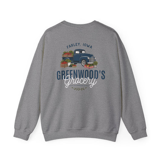 Greenwood's Grocery Truck crewneck in Graphite Heather, back view