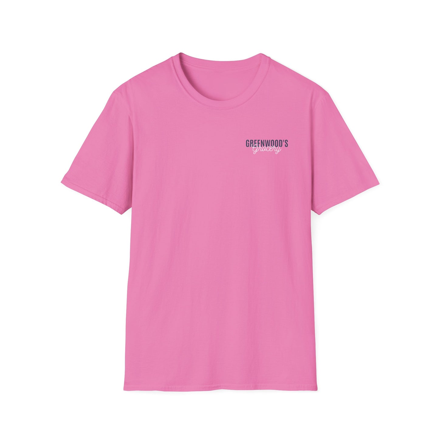 Greenwood's Grocery Truck Softstyle tee in Azalea, front view