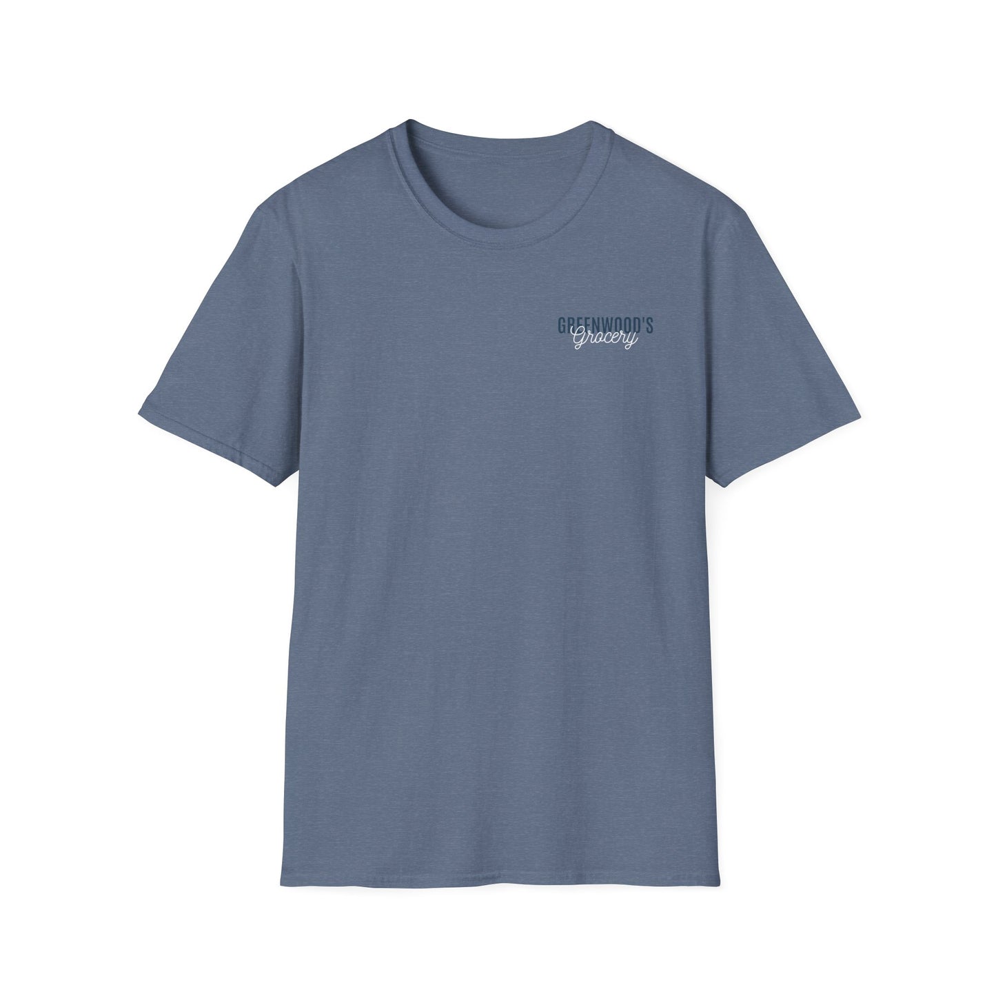 Greenwood's Grocery Truck Softstyle tee in Heather Indigo, front view