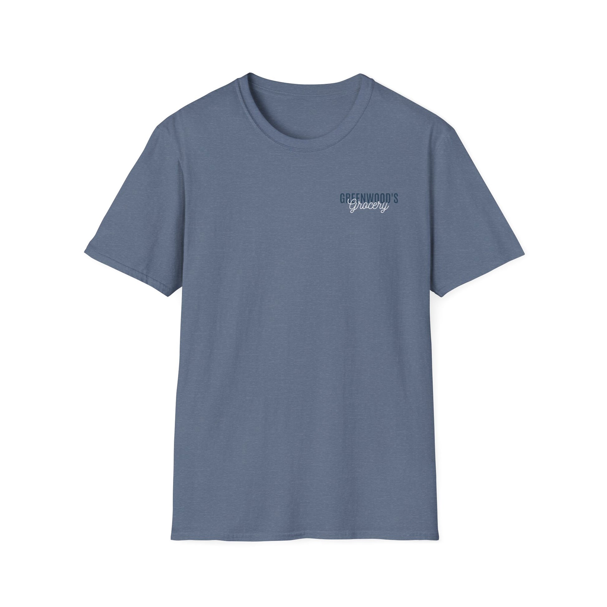 Greenwood's Grocery Truck Softstyle tee in Heather Indigo, front view