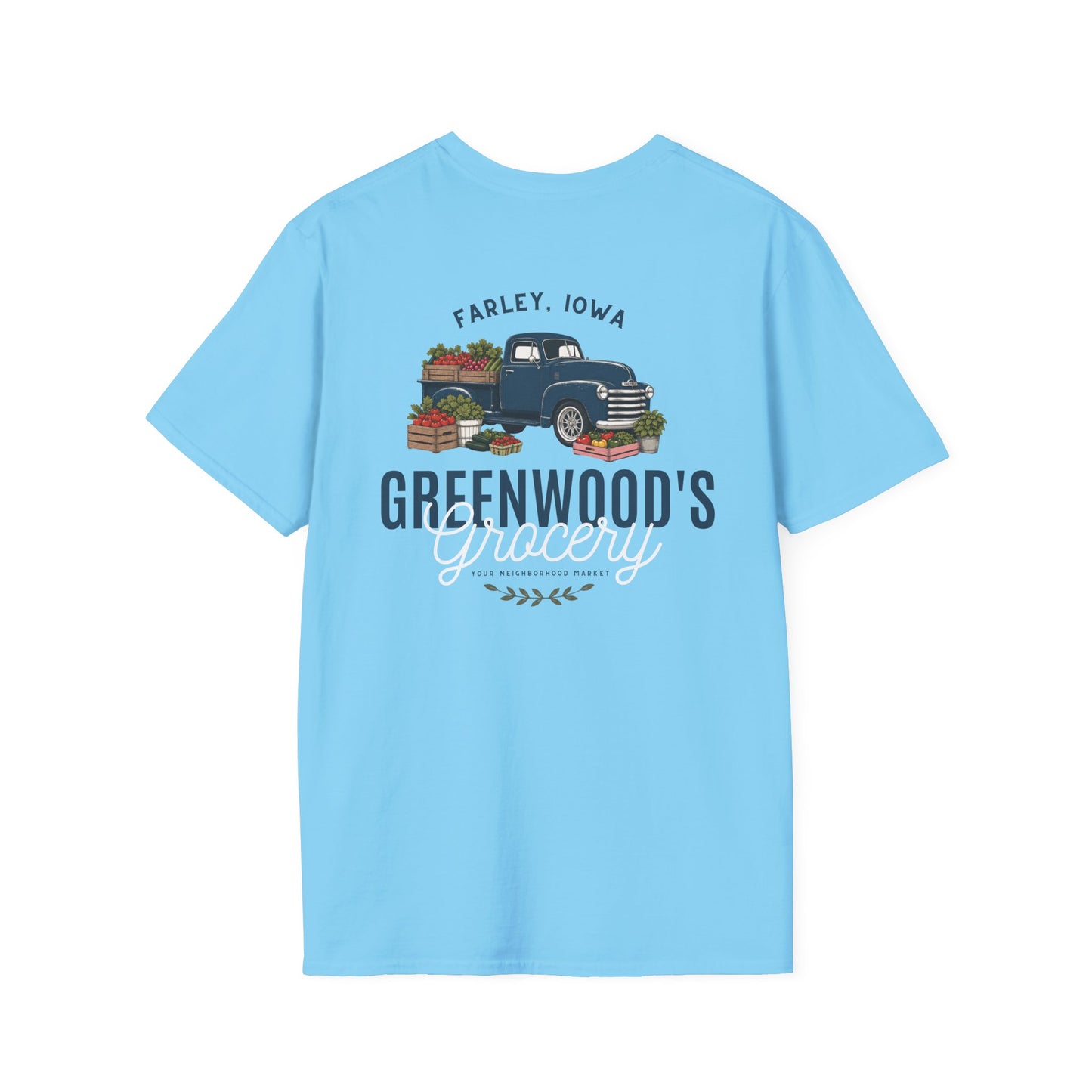 Greenwood's Grocery Truck Softstyle tee in Sky, back view
