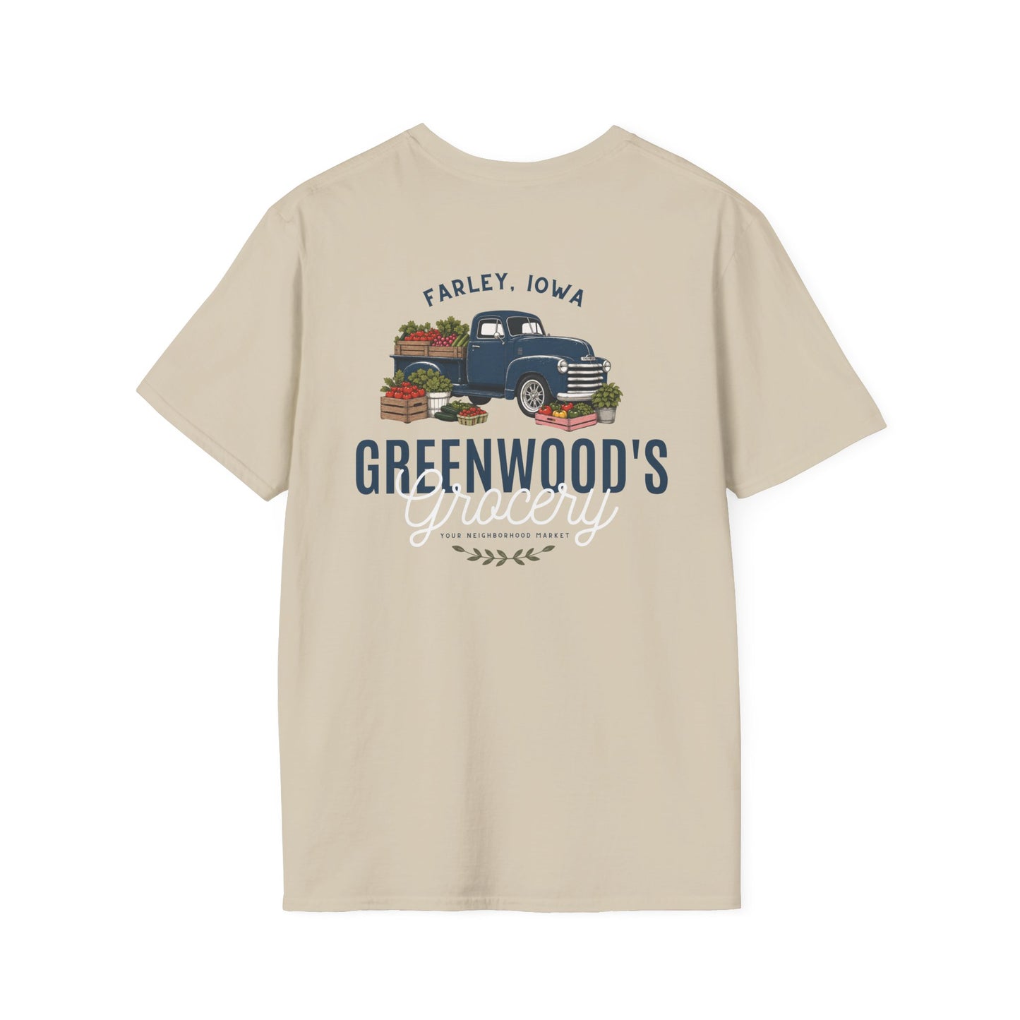 Greenwood's Grocery Truck Softstyle tee in Sand, back view
