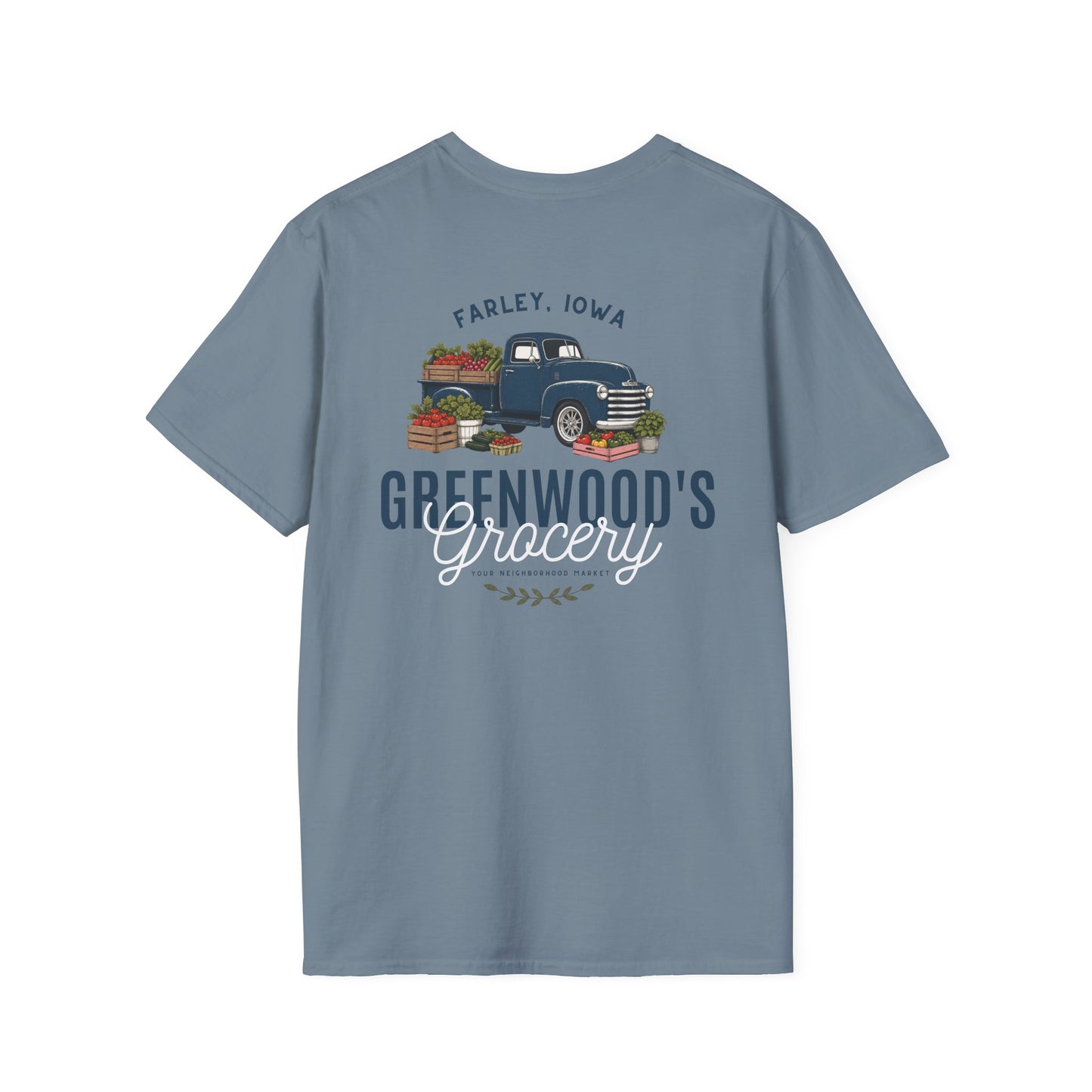 Greenwood's Grocery Truck Softstyle tee in Stone Blue, back view
