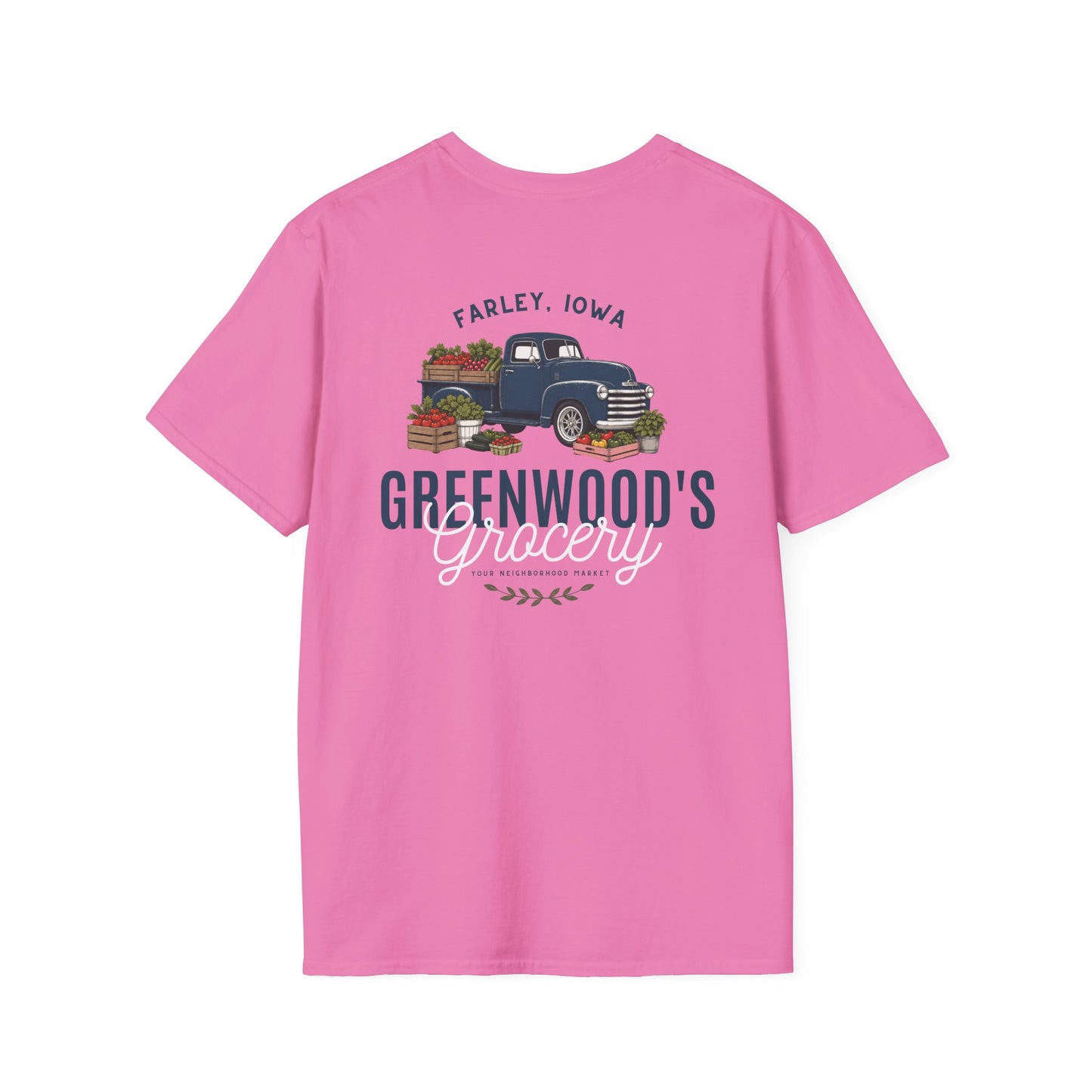 Greenwood's Grocery Truck Softstyle tee in Azalea, back view