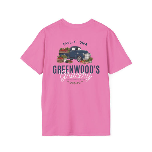 Greenwood's Grocery Truck Softstyle tee in Azalea, back view