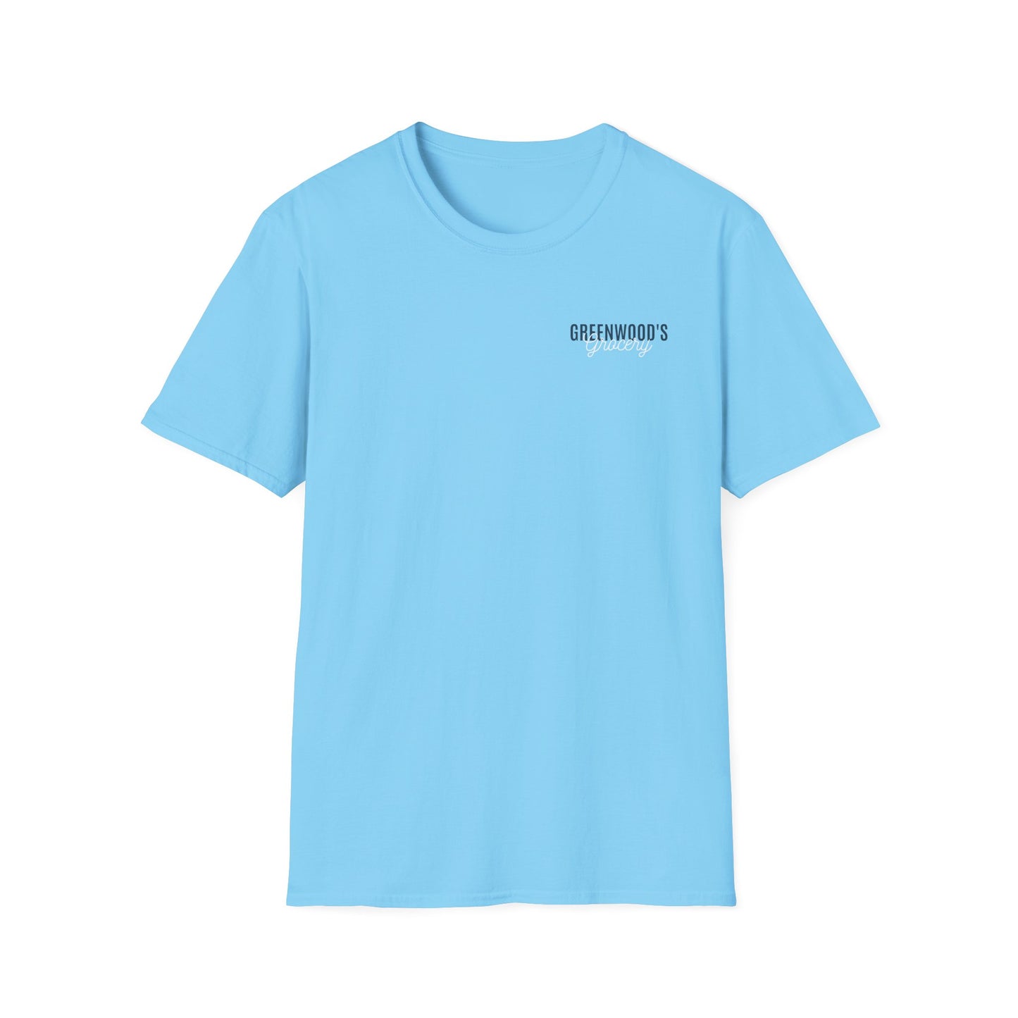 Greenwood's Grocery Truck Softstyle tee in Sky, front view