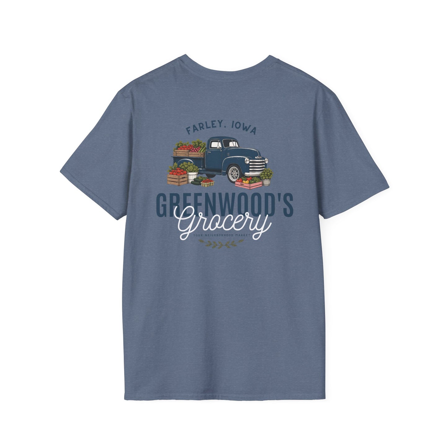 Greenwood's Grocery Truck Softstyle tee in Heather Indigo, back view