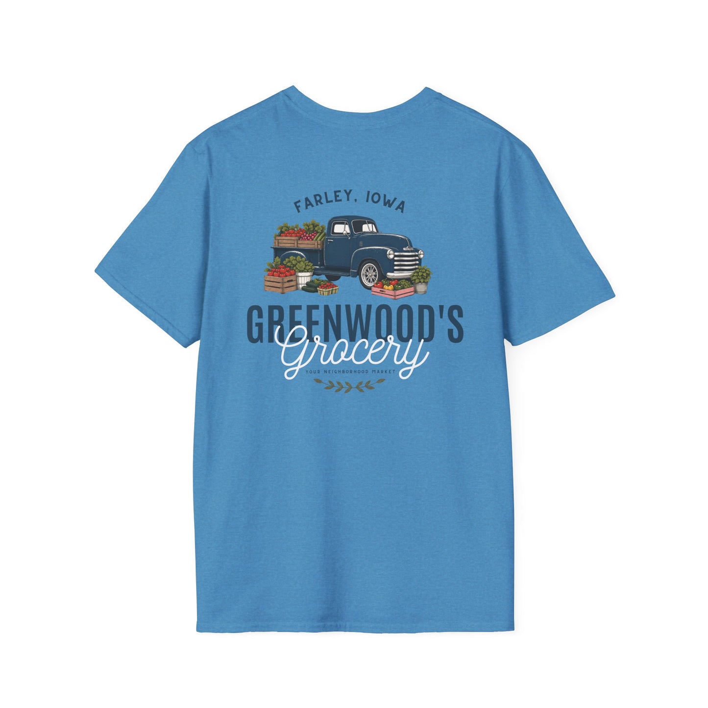 Greenwood's Grocery Truck Softstyle tee in Heather Sapphire, back view