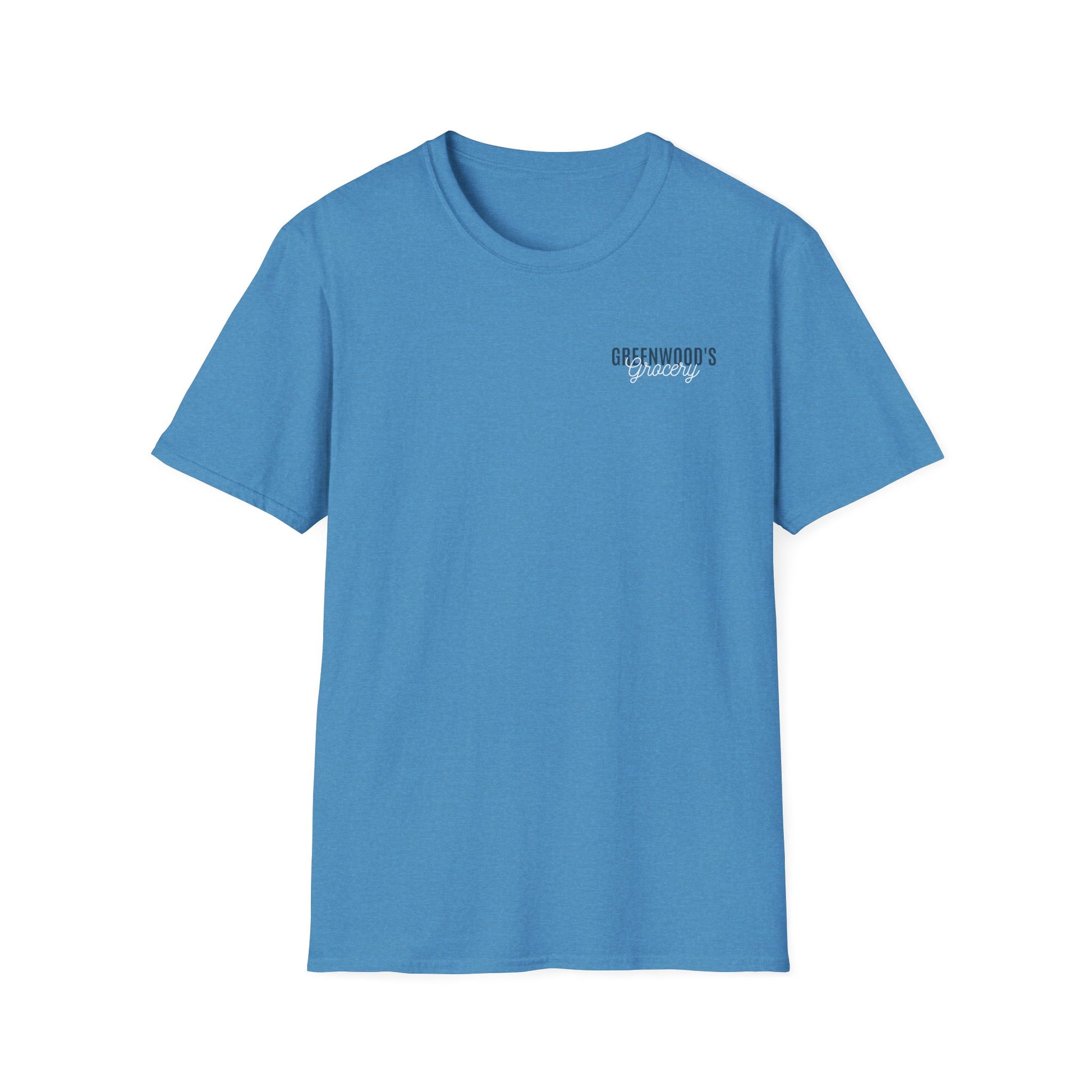 Greenwood's Grocery Truck Softstyle tee in Heather Sapphire, front view