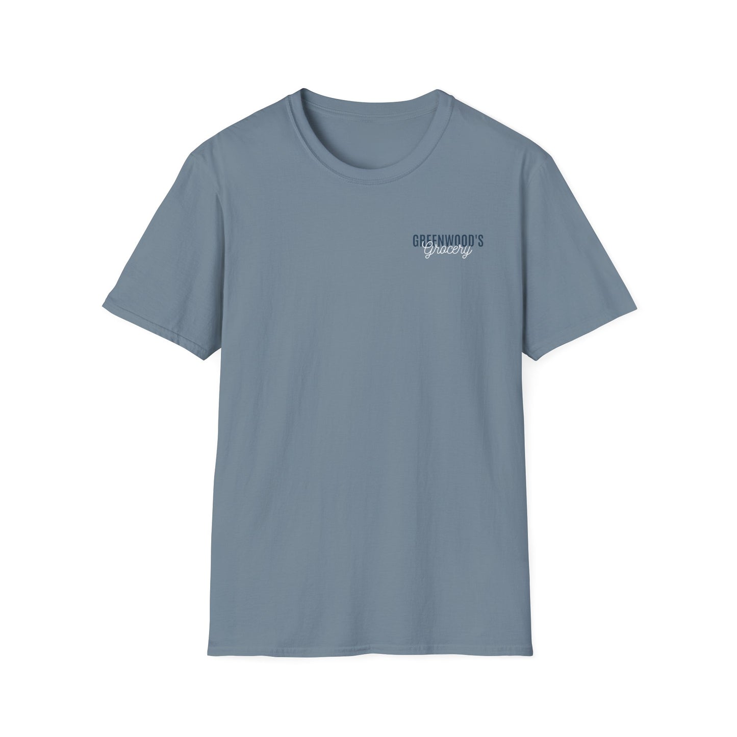 Greenwood's Grocery Truck Softstyle tee in Stone Blue, front view