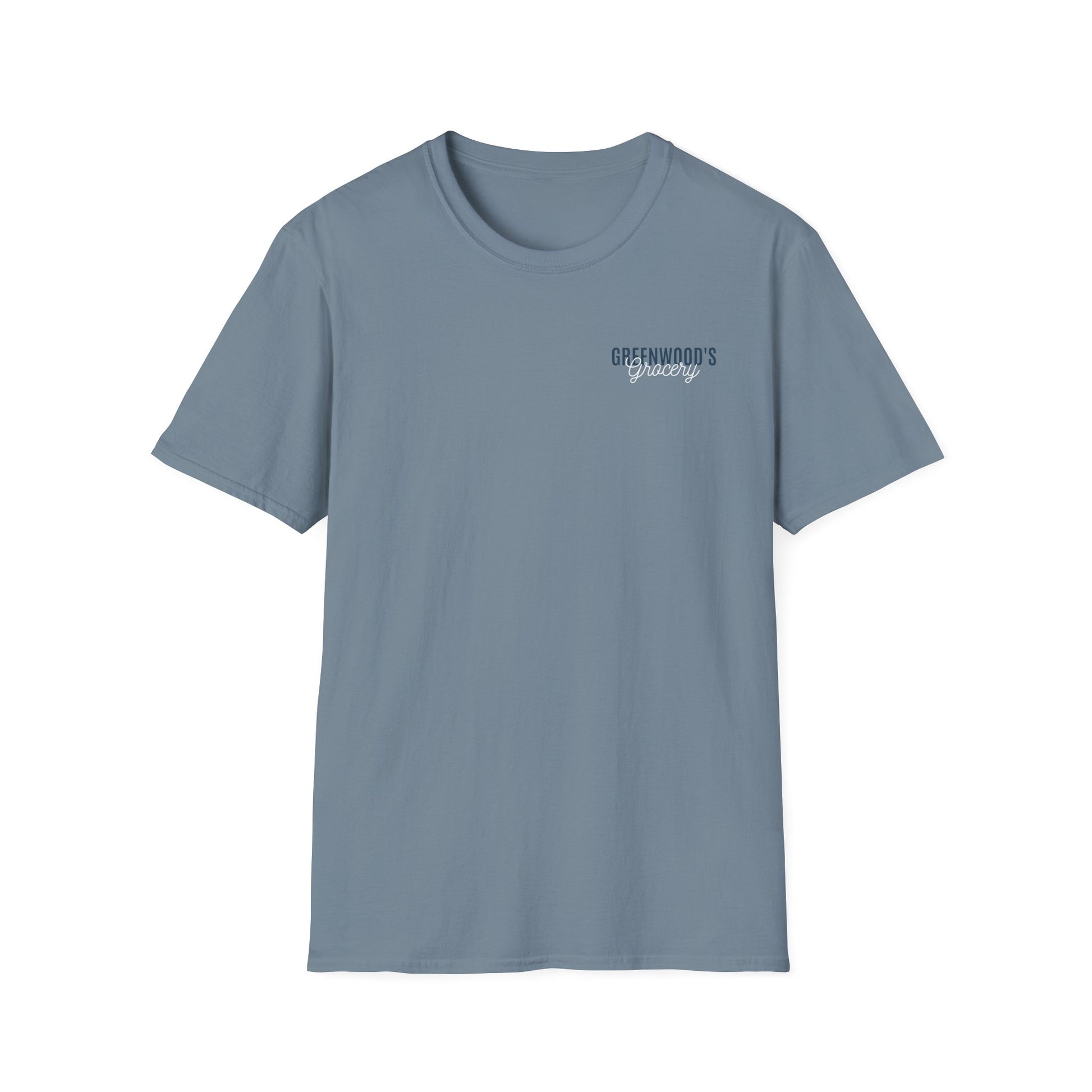 Greenwood's Grocery Truck Softstyle tee in Stone Blue, front view