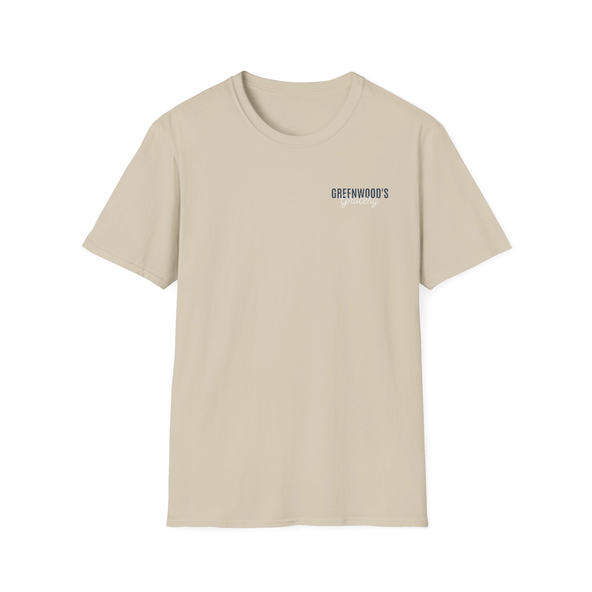 Greenwood's Grocery Truck Softstyle tee in Sand, front view