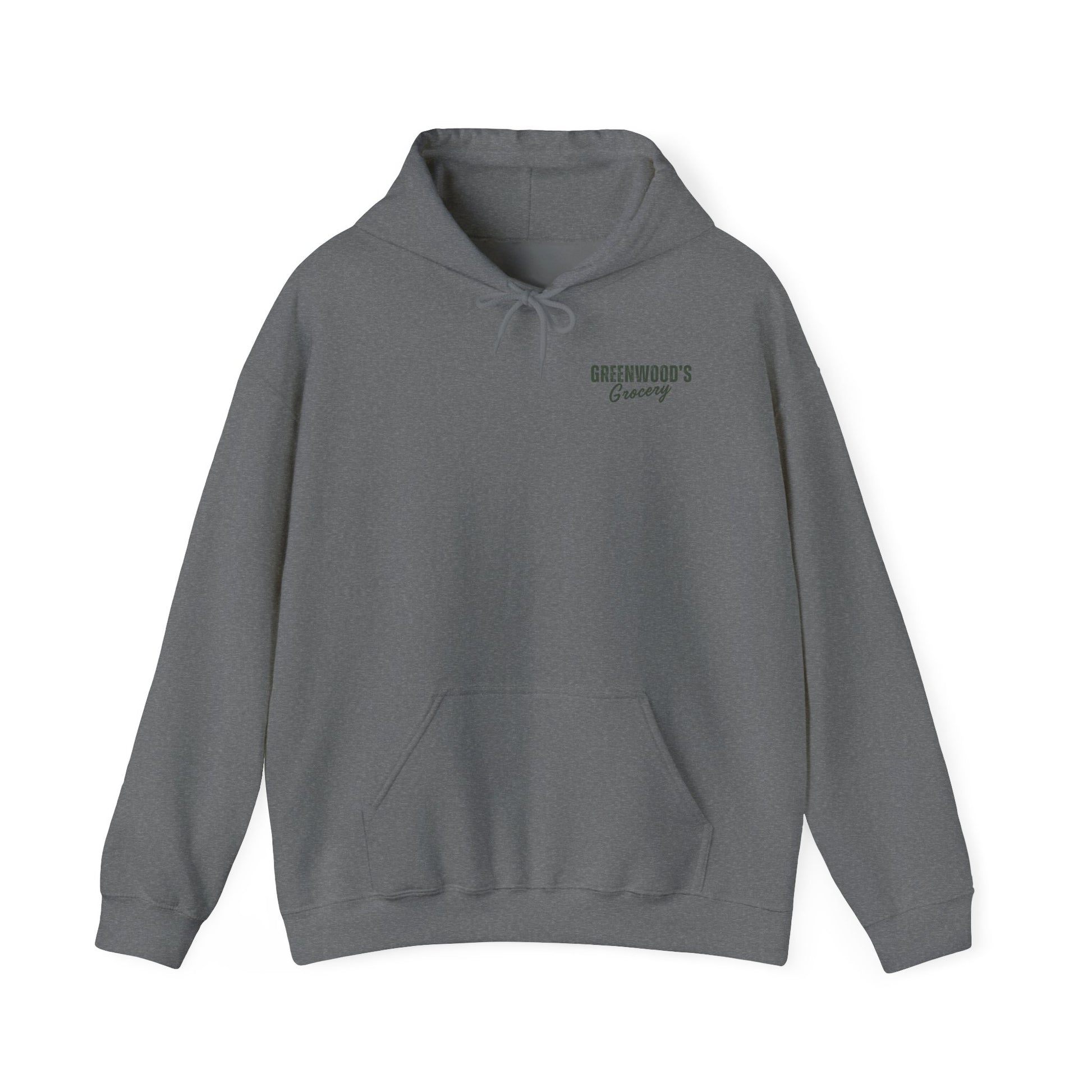 Greenwood's Grocery Vintage hoodie in Graphite Heather, front view
