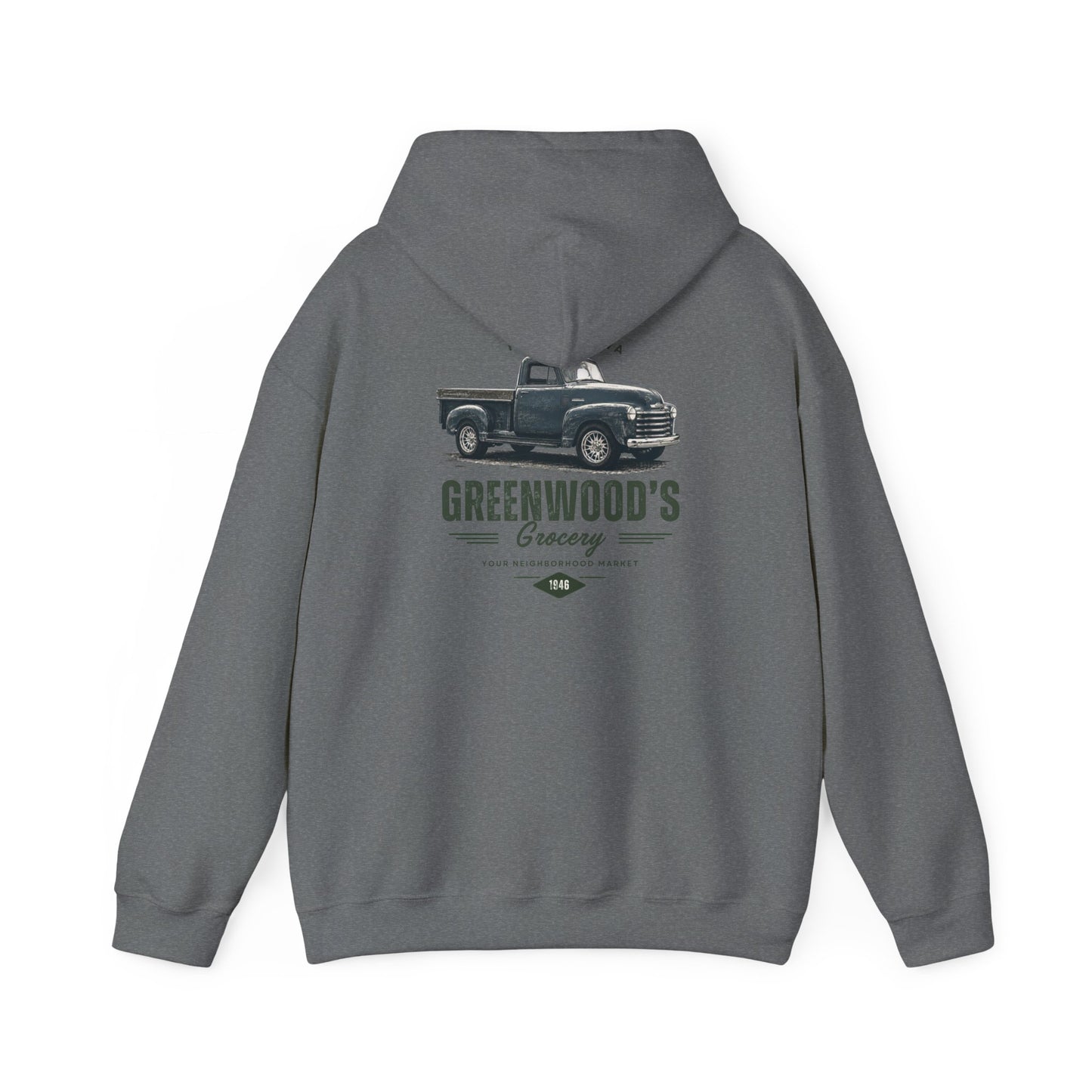 Greenwood's Grocery Vintage hoodie in Graphite Heather, back view