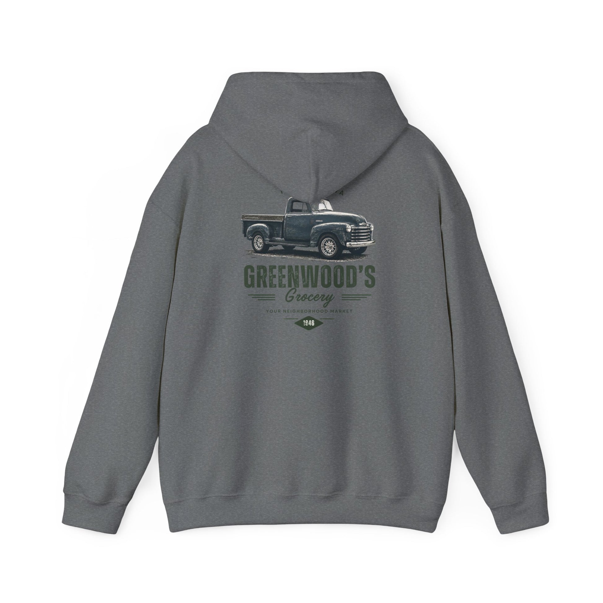 Greenwood's Grocery Vintage hoodie in Graphite Heather, back view
