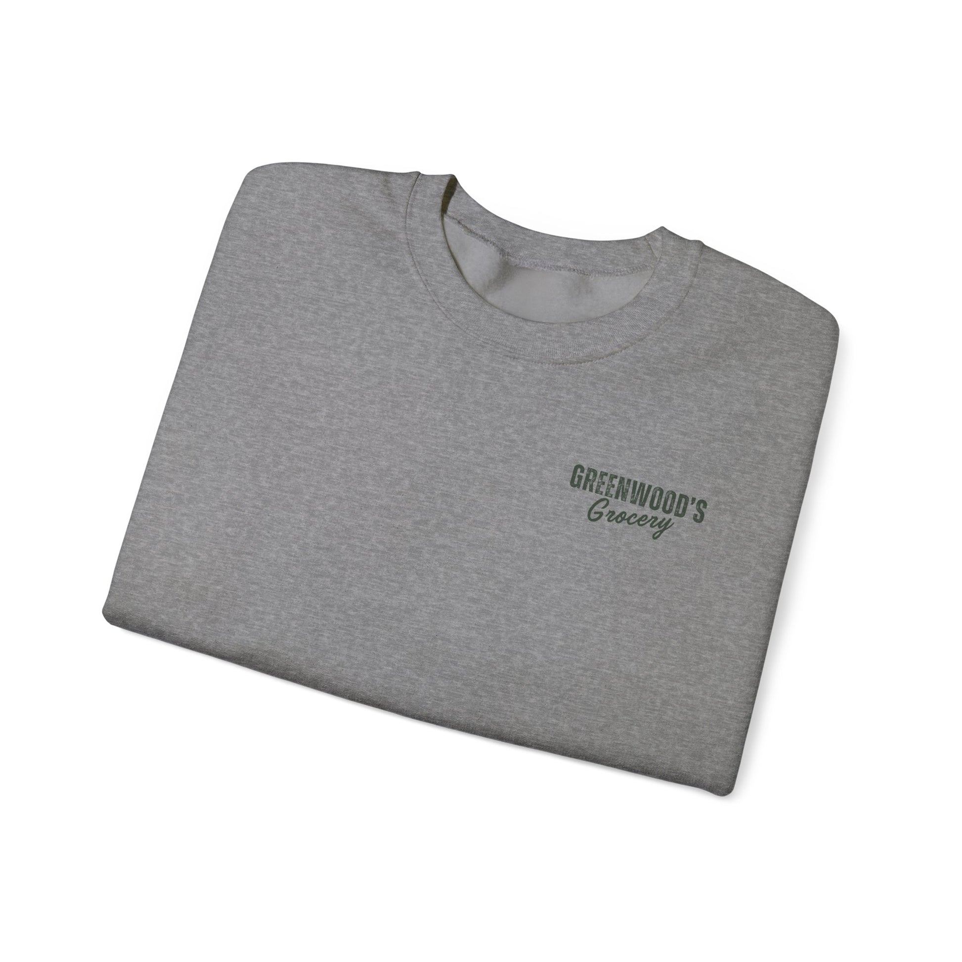 Greenwood's Grocery Vintage Truck crewneck in Graphite Heather, folded