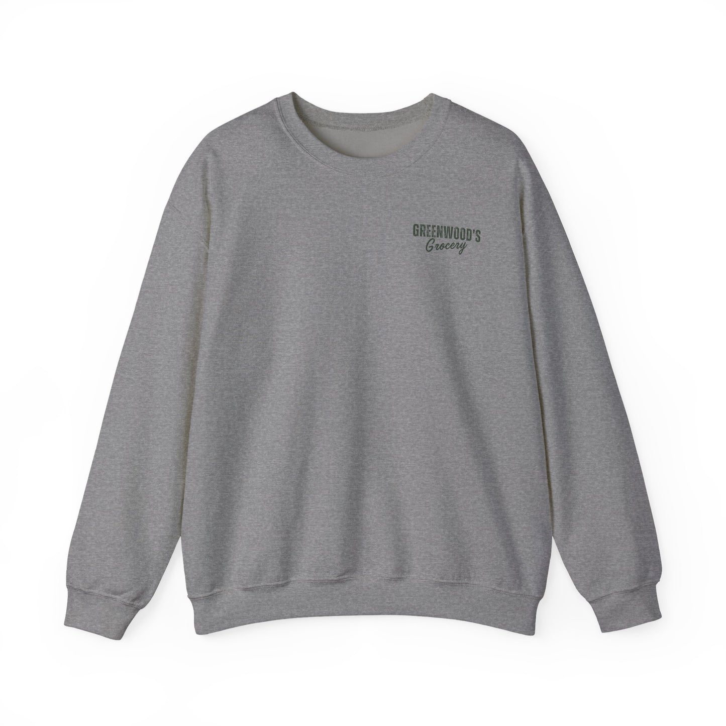 Greenwood's Grocery Vintage Truck crewneck in Graphite Heather, front view