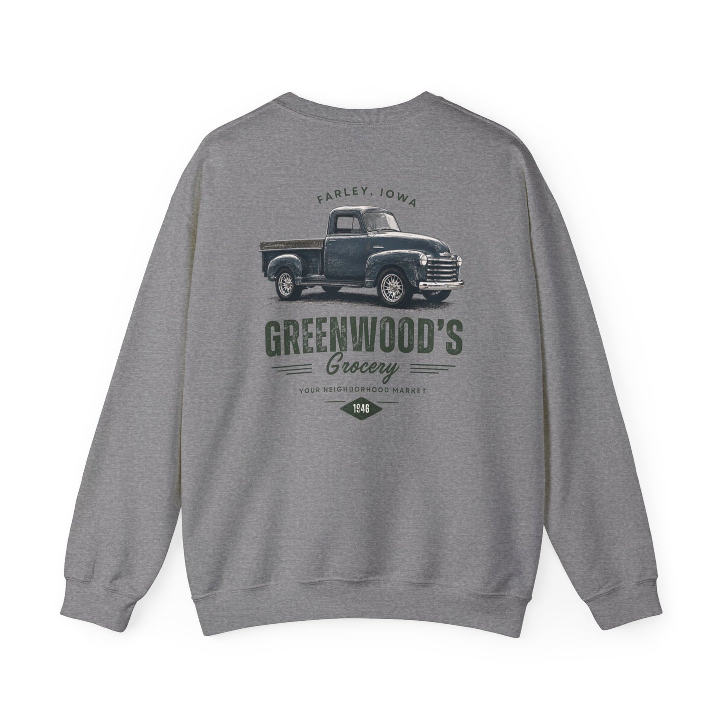 Greenwood's Grocery Vintage Truck crewneck in Graphite Heather, back view
