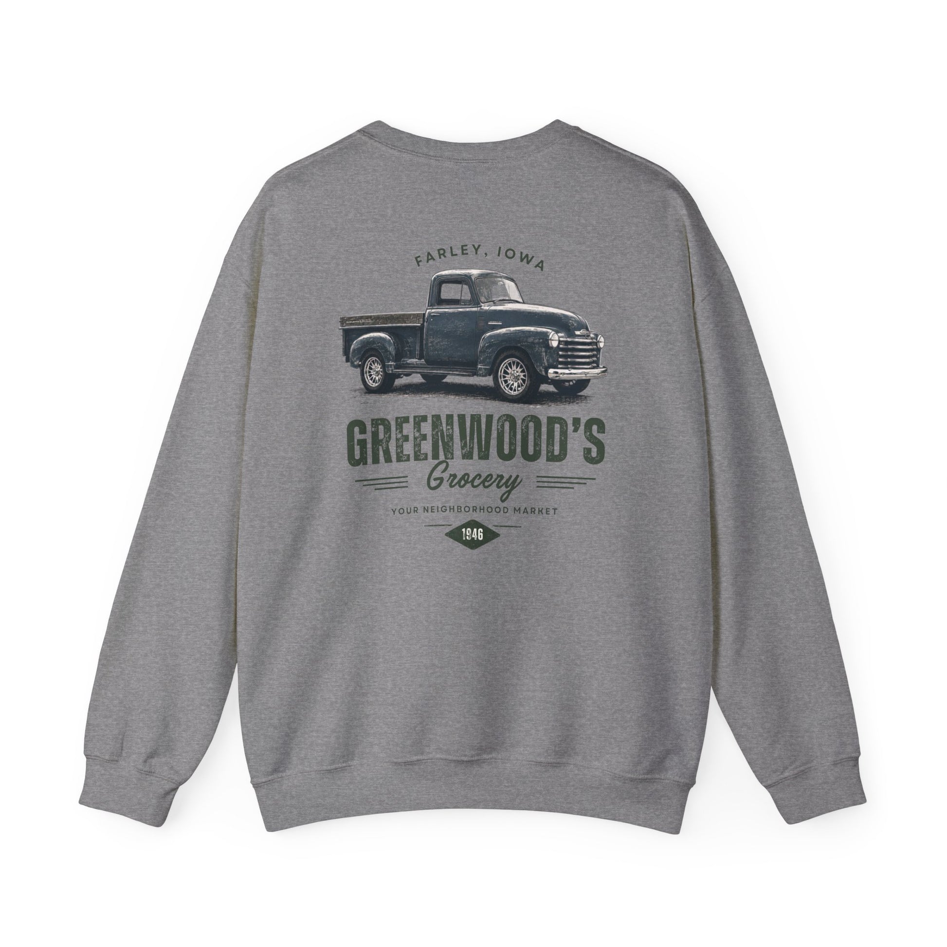 Greenwood's Grocery Vintage Truck crewneck in Graphite Heather, back view