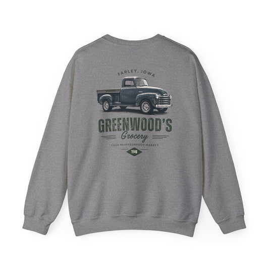 Greenwood's Grocery Vintage Truck crewneck in Graphite Heather, back view
