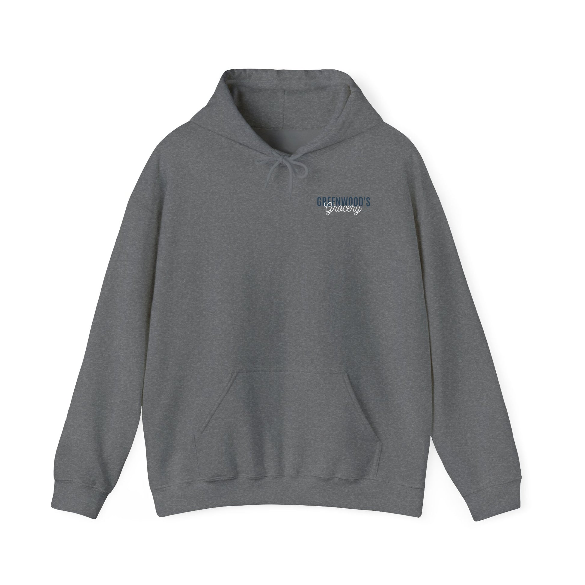 Greenwood's Grocery Vintage Truck hoodie in Graphite Heather, front view