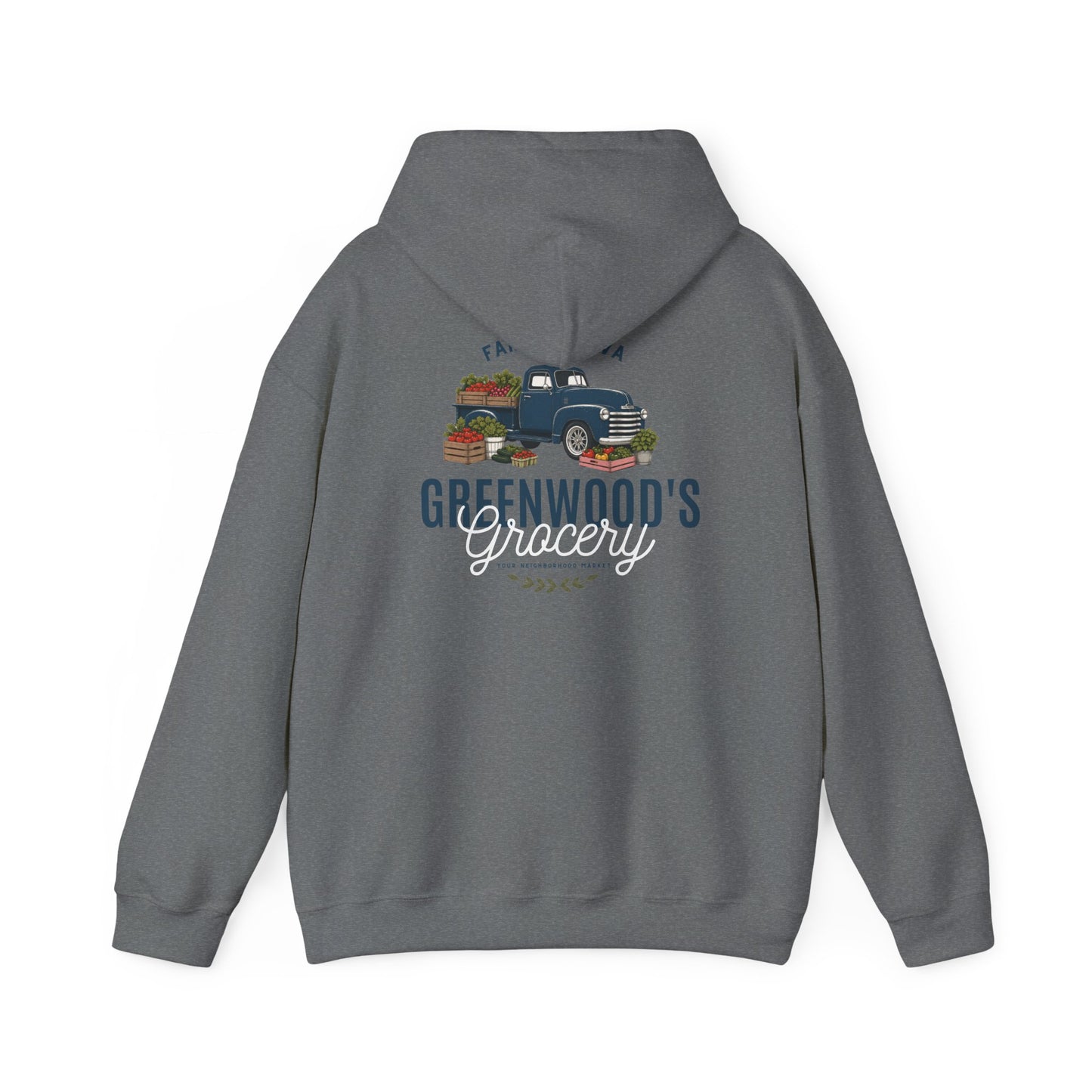 Greenwood's Grocery Vintage Truck hoodie in Graphite Heather, back view