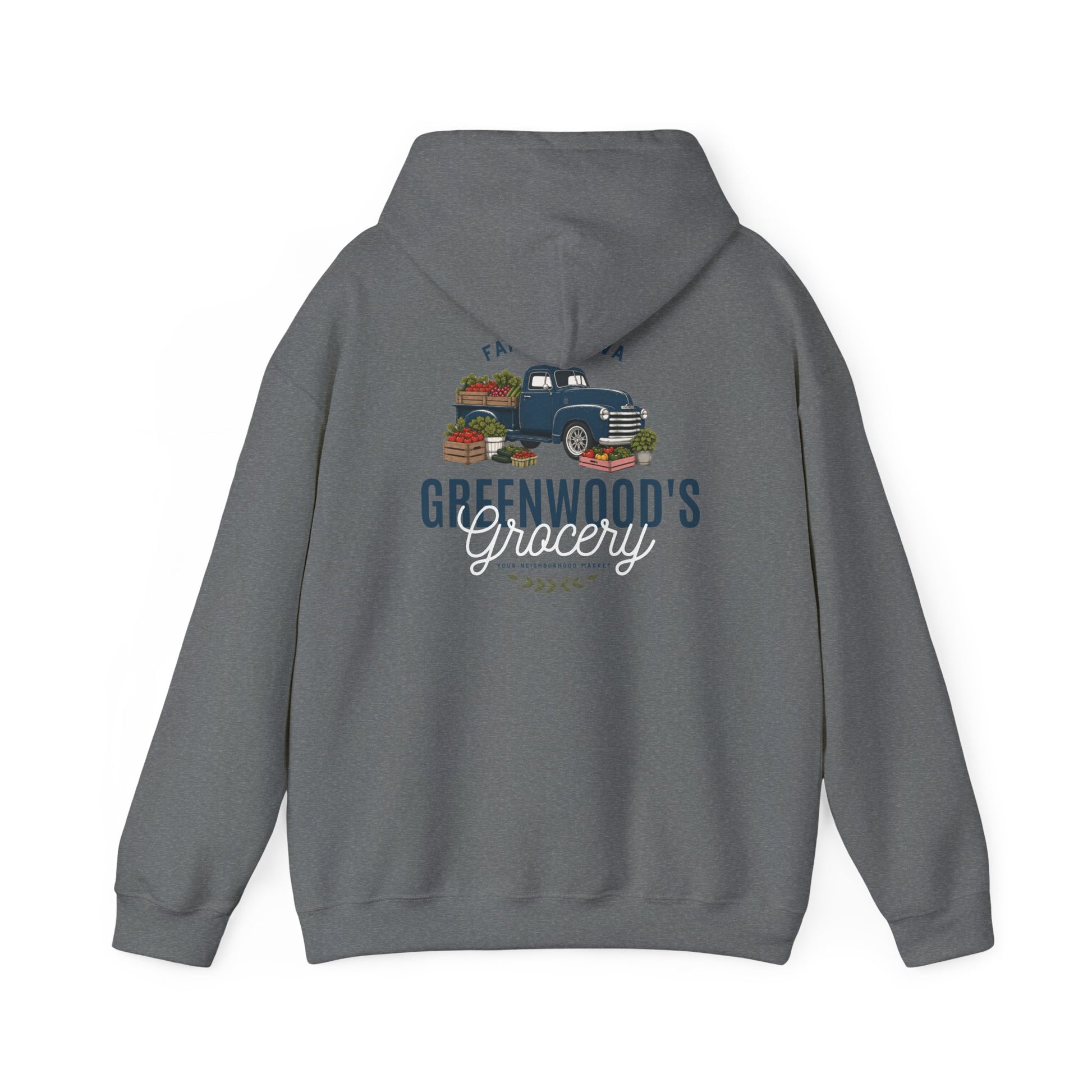 Greenwood's Grocery Vintage Truck hoodie in Graphite Heather, back view