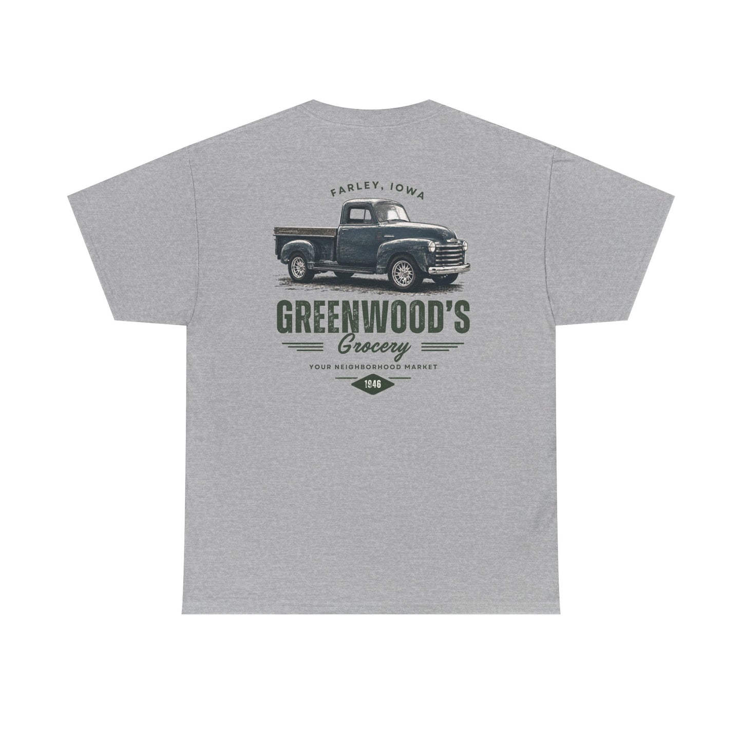 Greenwood's Grocery Vintage Truck tee in Sport Grey, back view