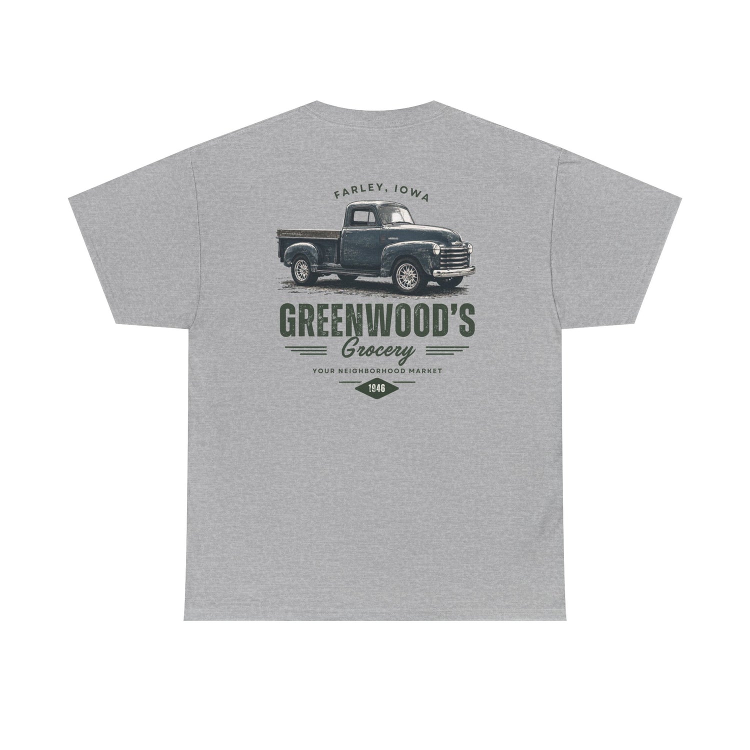 Greenwood's Grocery Vintage Truck tee in Sport Grey, back view