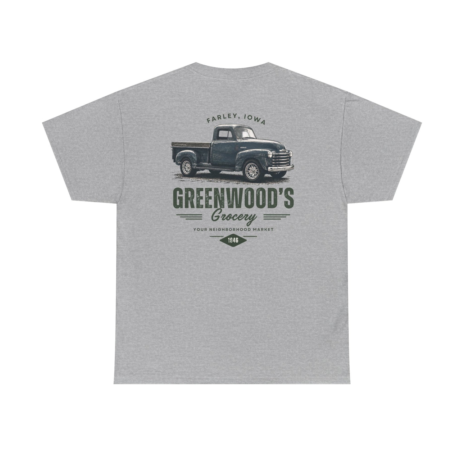 Greenwood's Grocery Vintage Truck tee in Sport Grey, back view