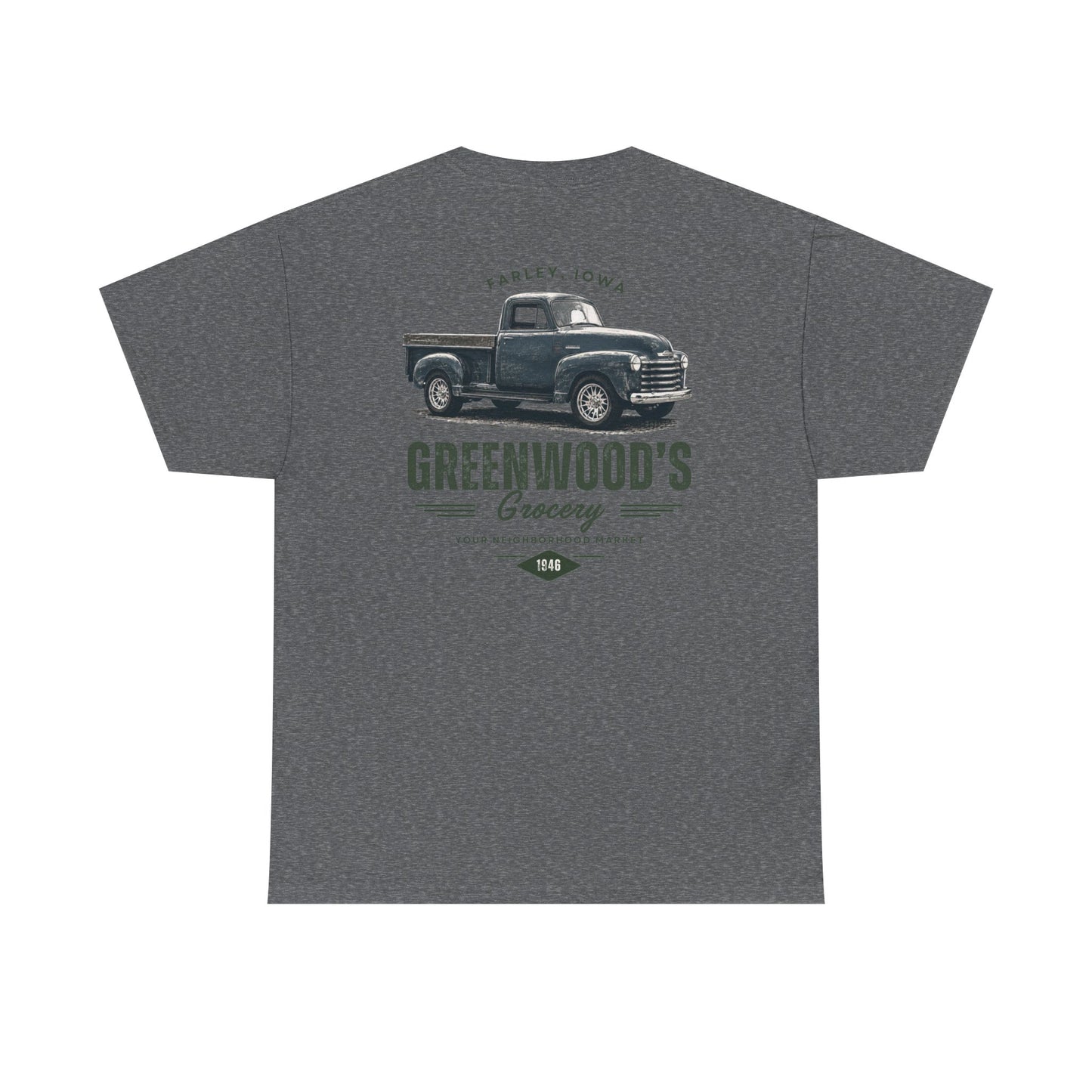Greenwood's Grocery Vintage Truck tee in Graphite Heather, back view